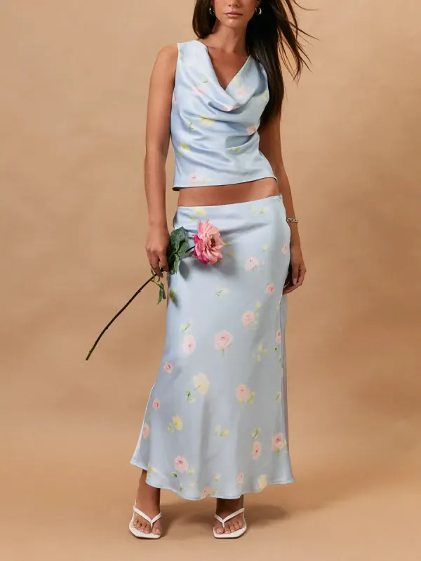 MID WAISTED BIAS MIDI SKIRT - BLUE FLORAL made by Le Lis