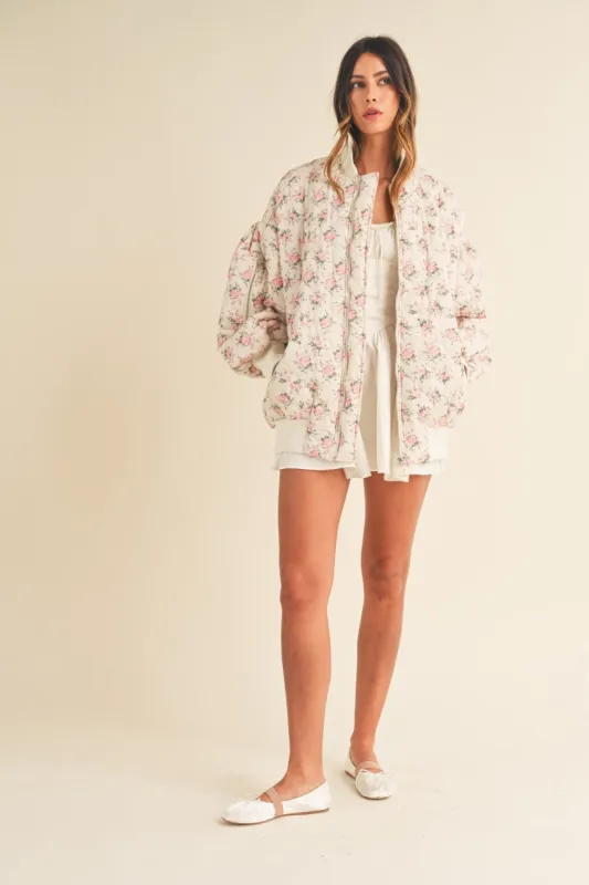 FLORAL PRINT QUILTED OVERSIZED BOMBER JACKET sold by OAK