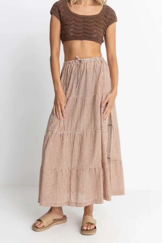 RHYTHM LOLA CHECK TIERED MAXI SKIRT - CLAY sold by OAK