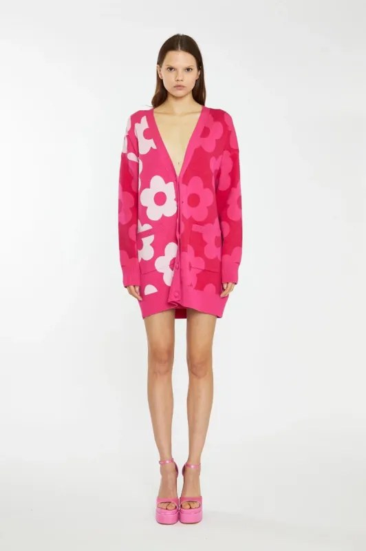 GLAMOROUS LARGE FLOWER LONG LINE CARDIGAN - PINK sold by OAK