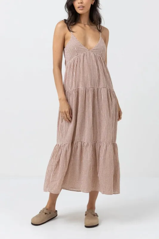 RHYTHM LOLA CHECK TIERED MIDI DRESS - CLAY sold by OAK