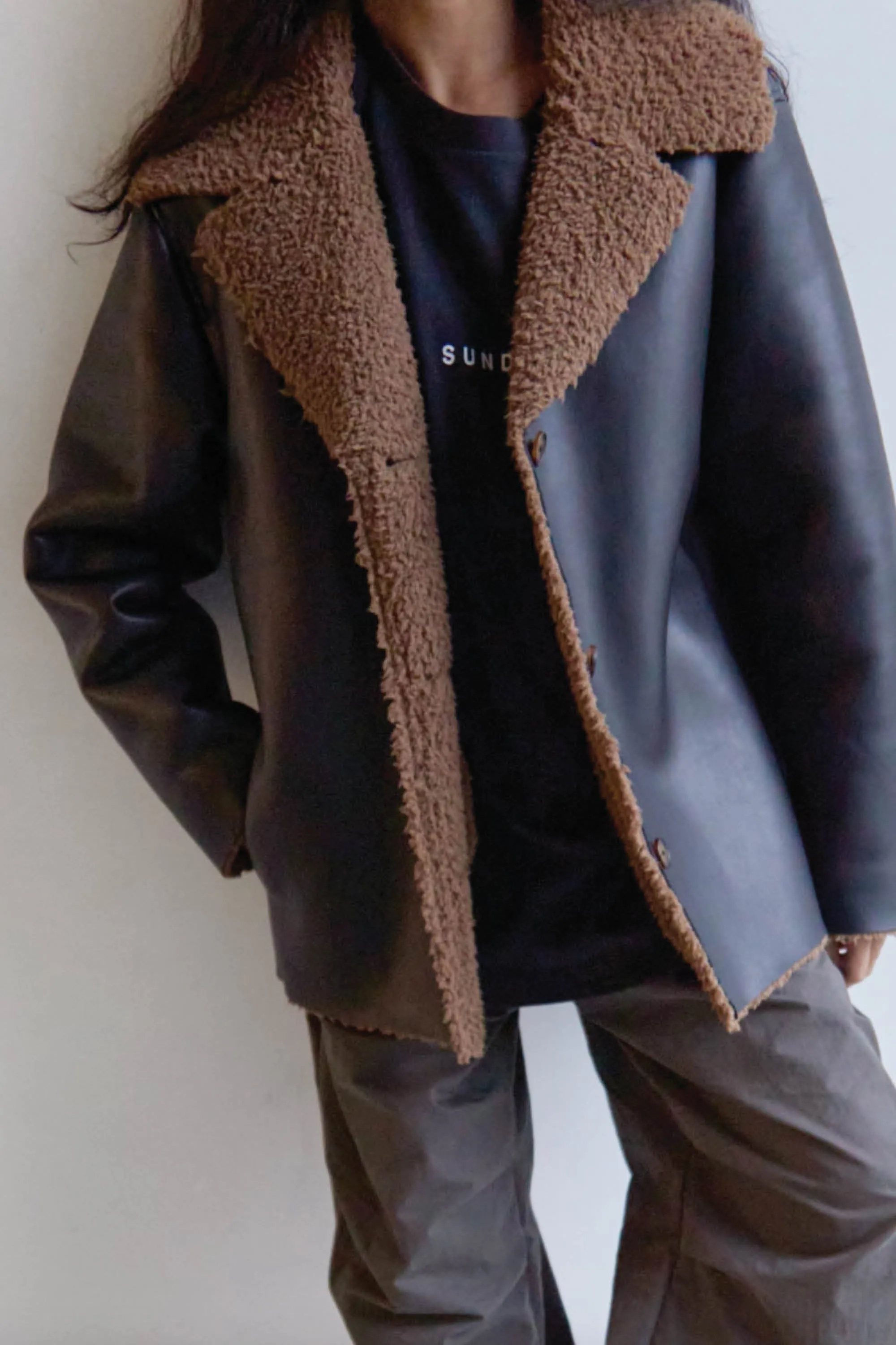 SHERPA TRIMMED VEGAN LEATHER JACKET sold by OAK AND FORT product image thumbnail 3