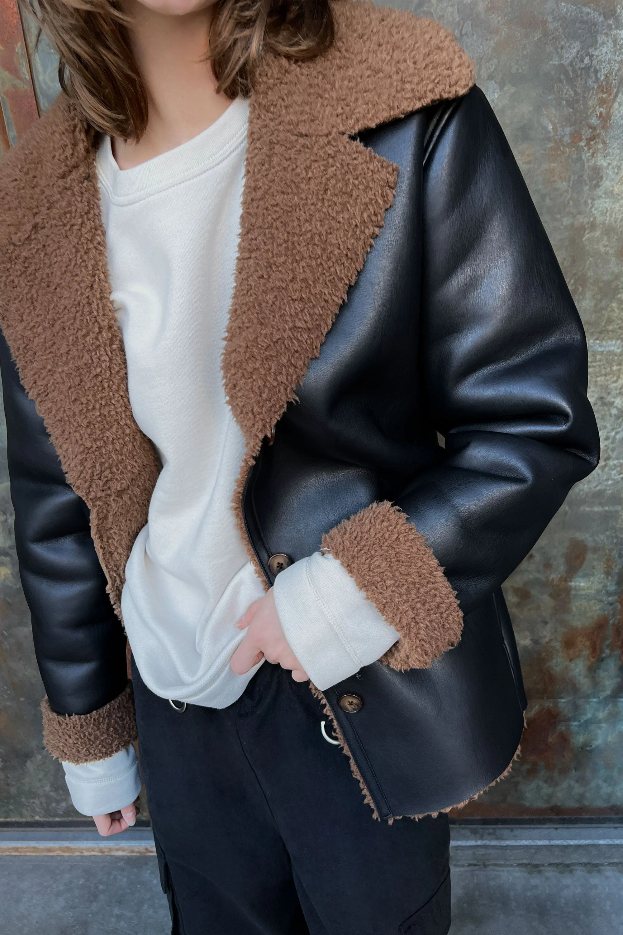 SHERPA TRIMMED VEGAN LEATHER JACKET sold by OAK AND FORT