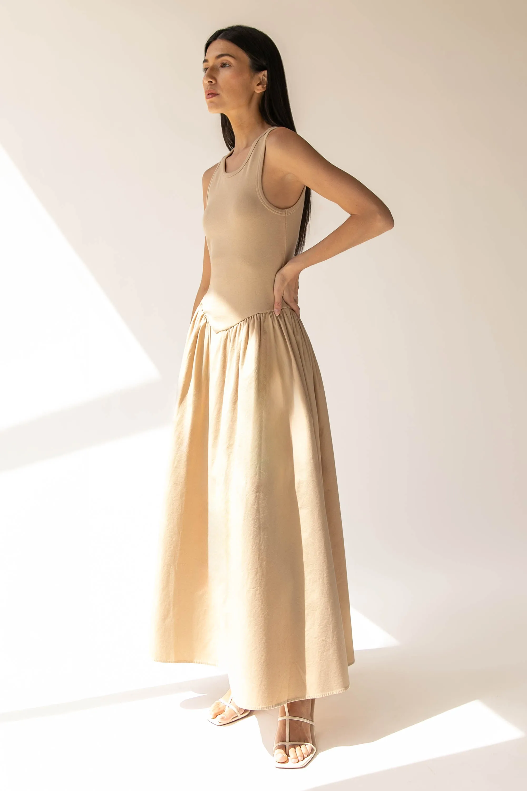 POPLIN RIB-KNIT DROP WAIST MIDI DRESS sold by OAK AND FORT product image thumbnail 3