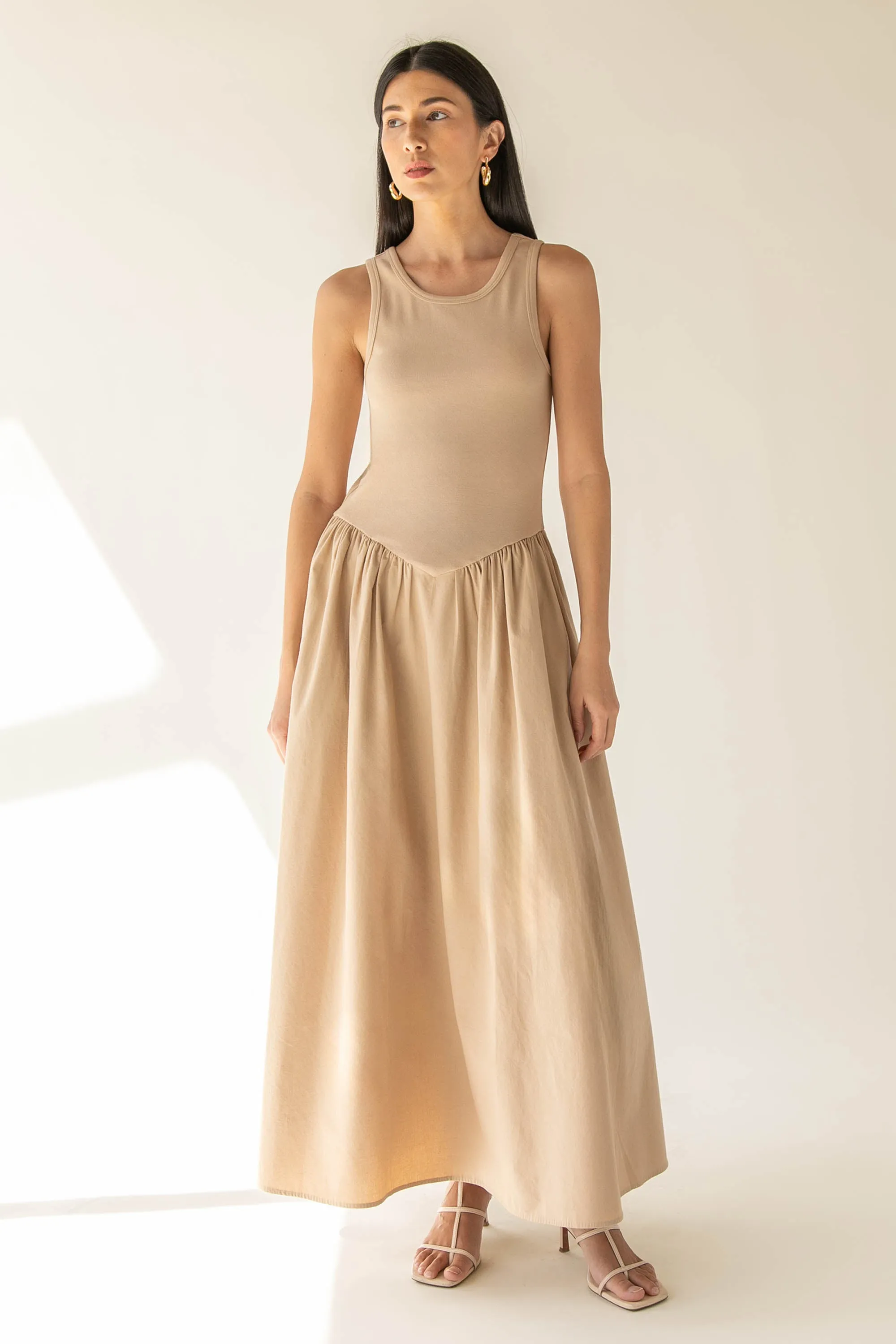 POPLIN RIB-KNIT DROP WAIST MIDI DRESS sold by OAK AND FORT product image thumbnail 2