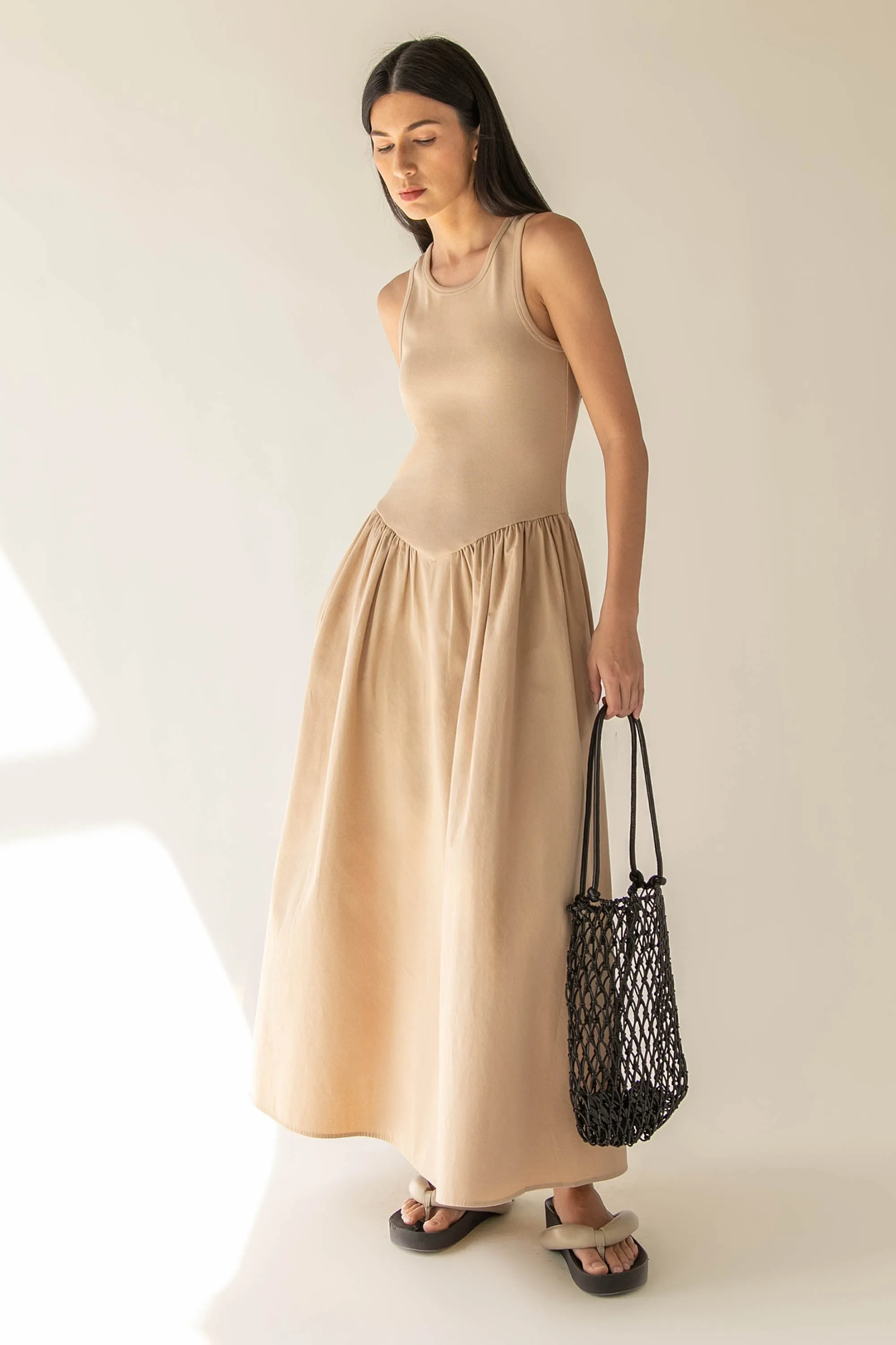 POPLIN RIB-KNIT DROP WAIST MIDI DRESS sold by OAK AND FORT product image thumbnail 4