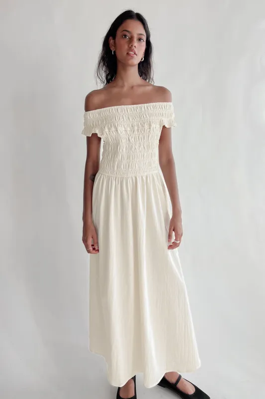 OFF-SHOULDER SMOCKED MIDI DRESS sold by OAK AND FORT