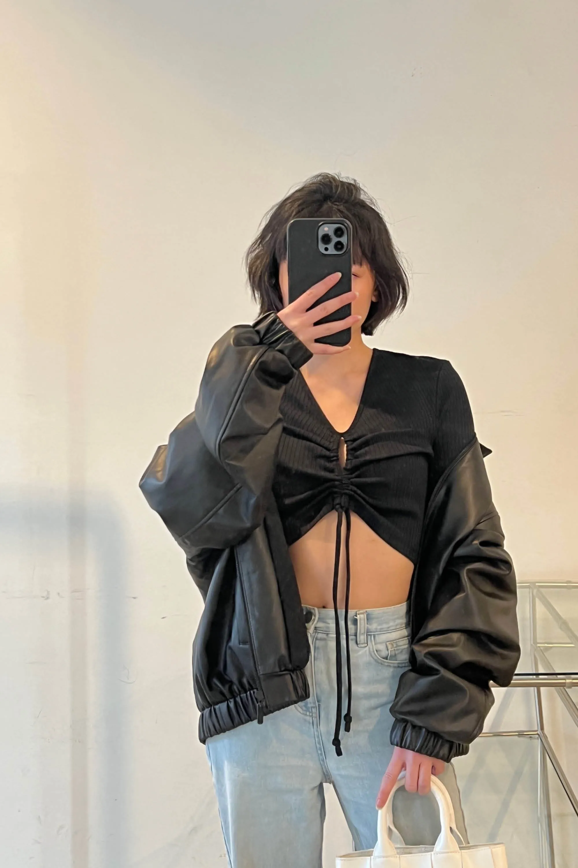 CROPPED LONG SLEEVE TOP WITH CUTOUT DRAWSTRING DETAIL sold by OAK AND FORT product image thumbnail 2