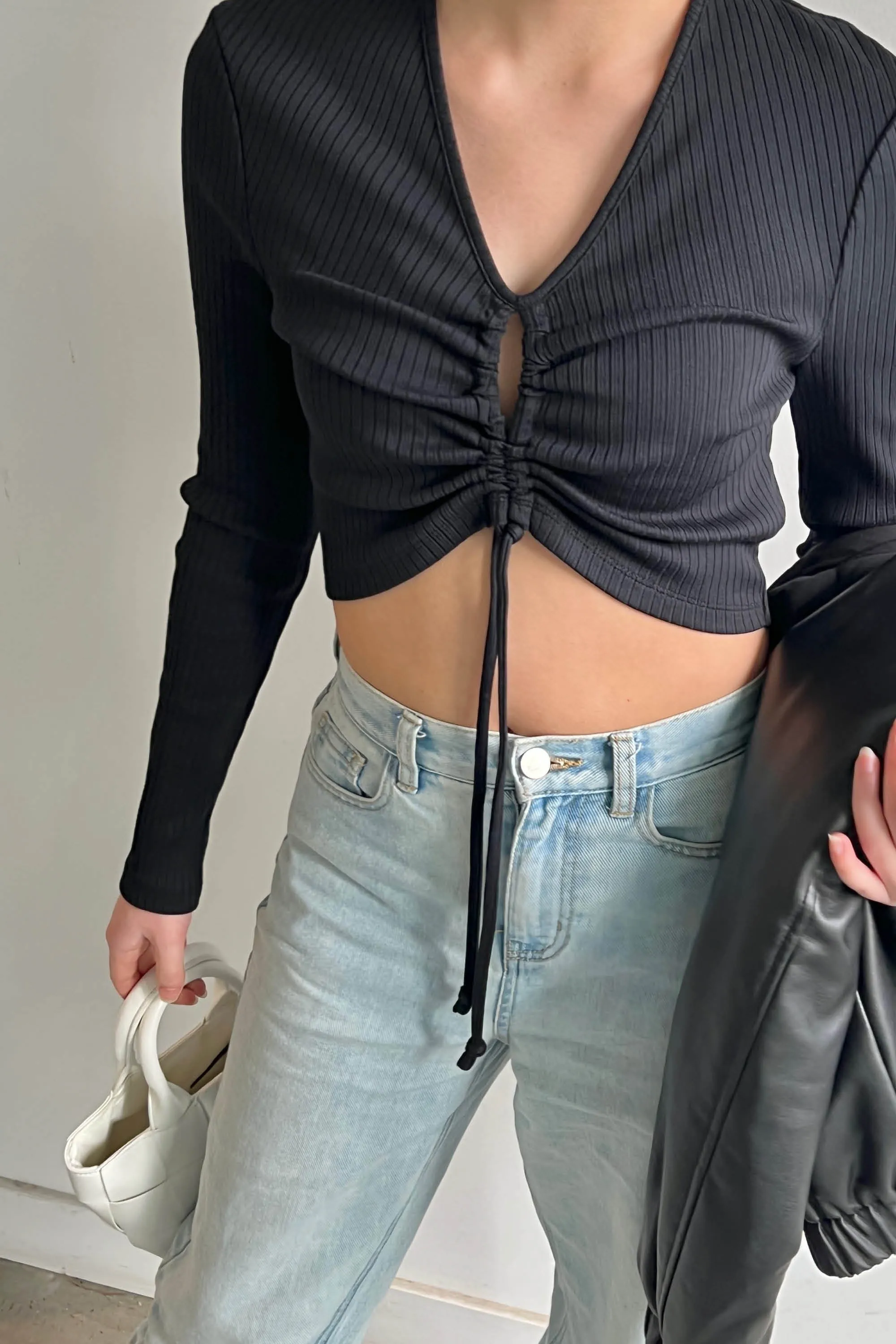 CROPPED LONG SLEEVE TOP WITH CUTOUT DRAWSTRING DETAIL sold by OAK AND FORT