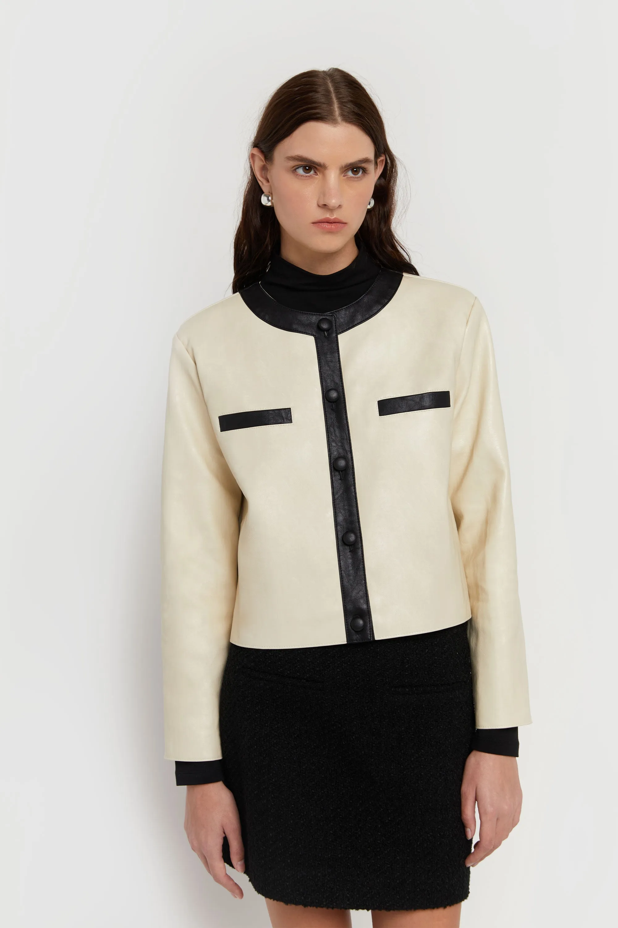 CONTRAST TRIM VEGAN LEATHER JACKET sold by OAK AND FORT