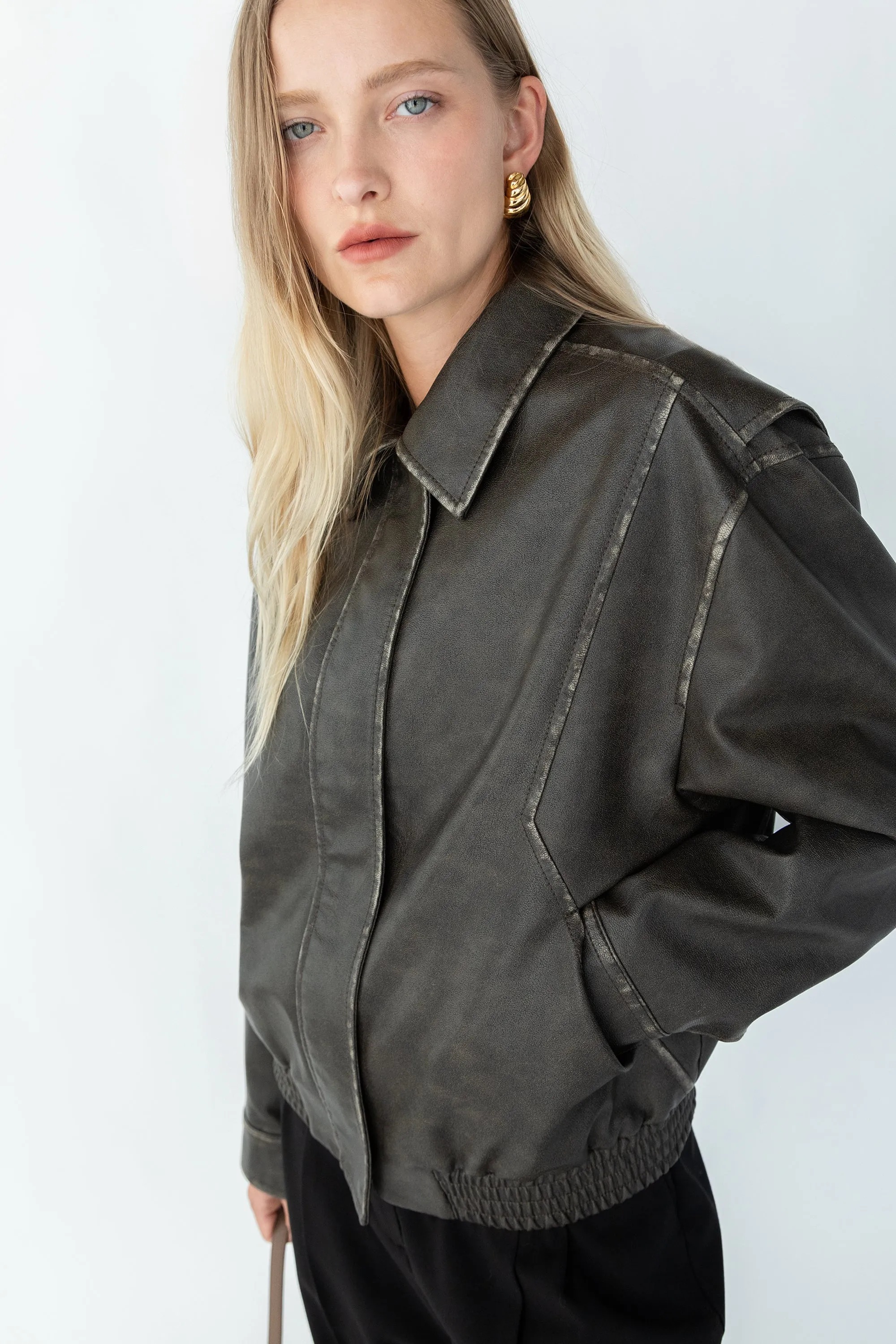 VINTAGE INSPIRED VEGAN LEATHER BOMBER JACKET sold by OAK AND FORT product image thumbnail 2