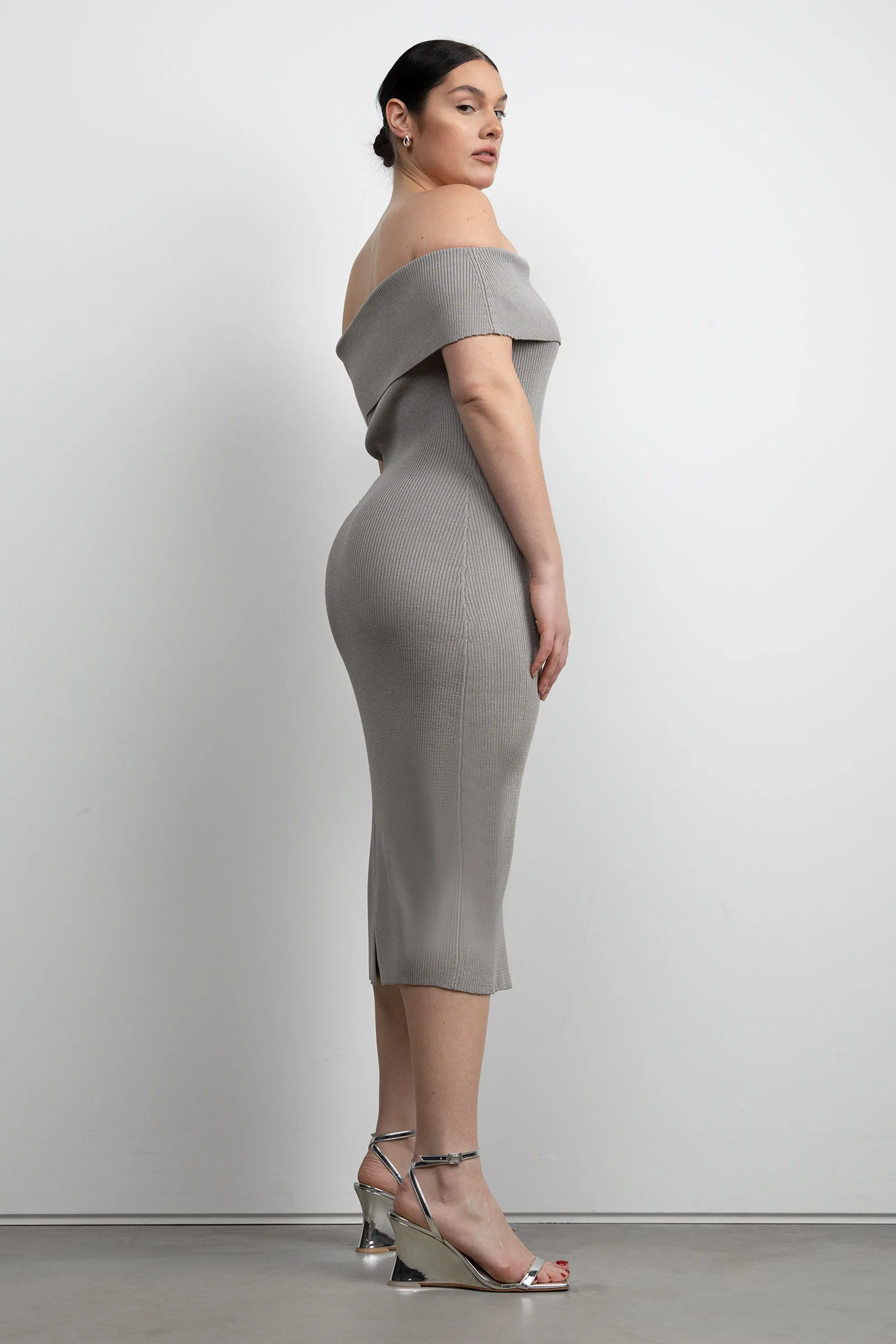 RIBBED OFF THE SHOULDER MIDI DRESS sold by OAK AND FORT