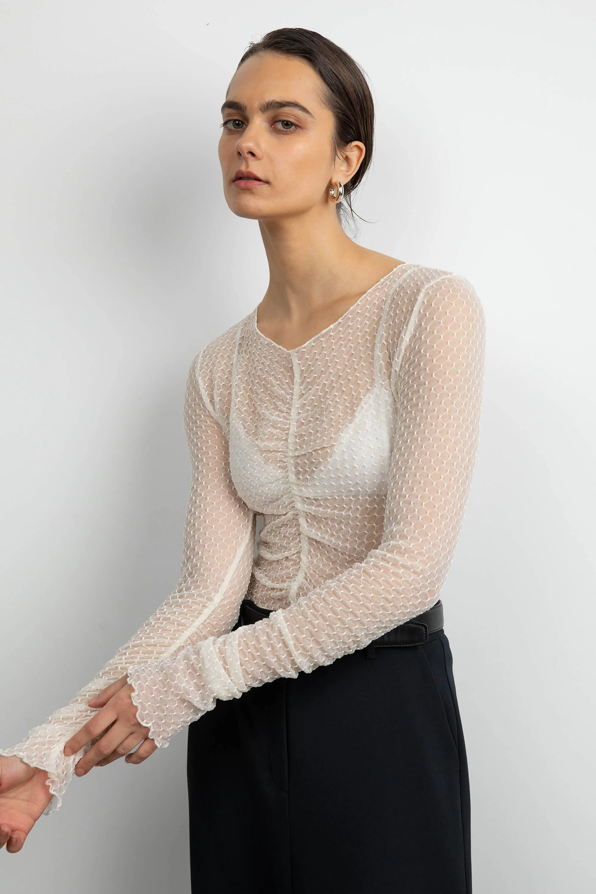 SHEER MESH RUCHED LONG SLEEVE TOP sold by OAK AND FORT