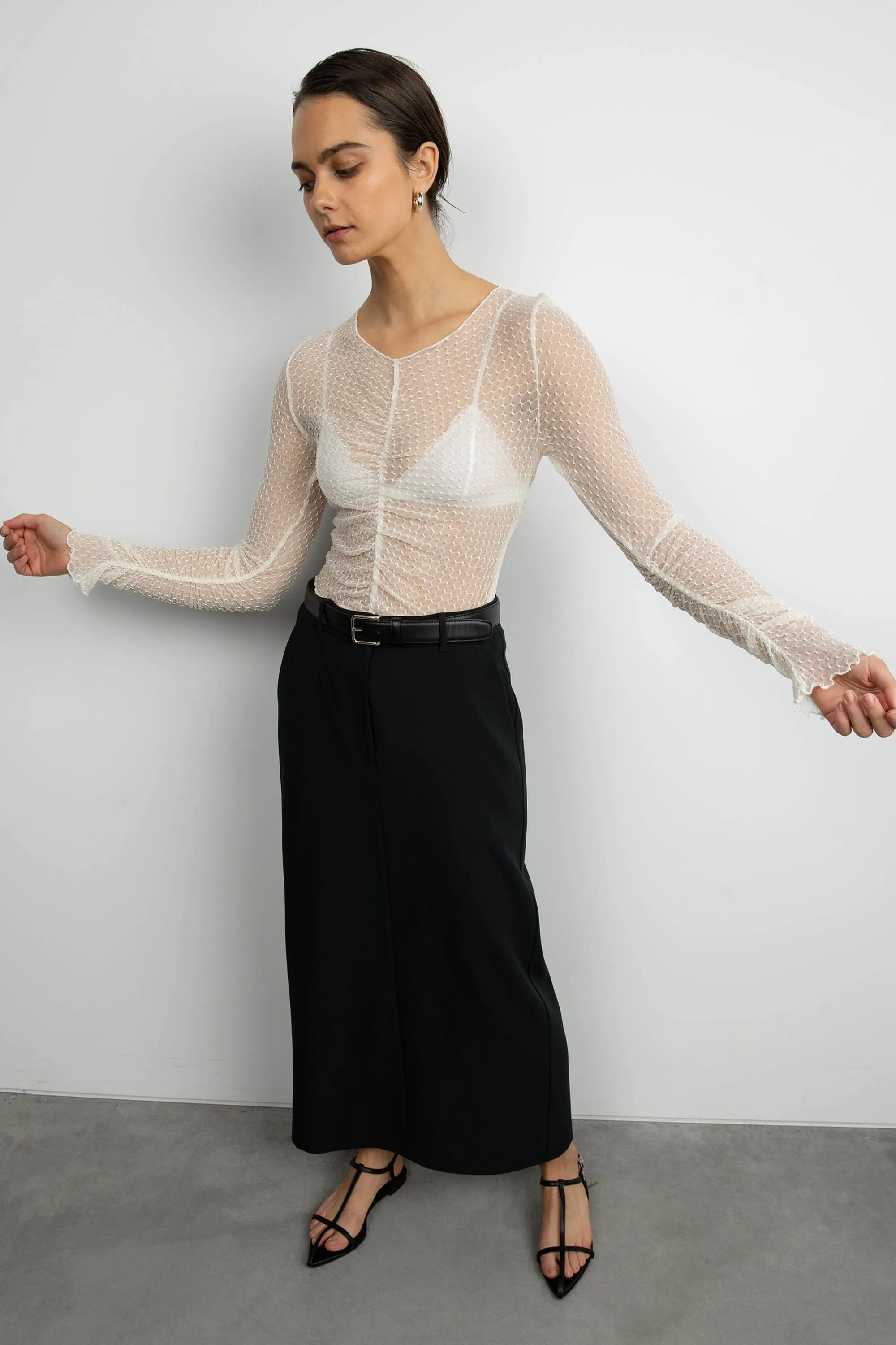 SHEER MESH RUCHED LONG SLEEVE TOP sold by OAK AND FORT product image thumbnail 3