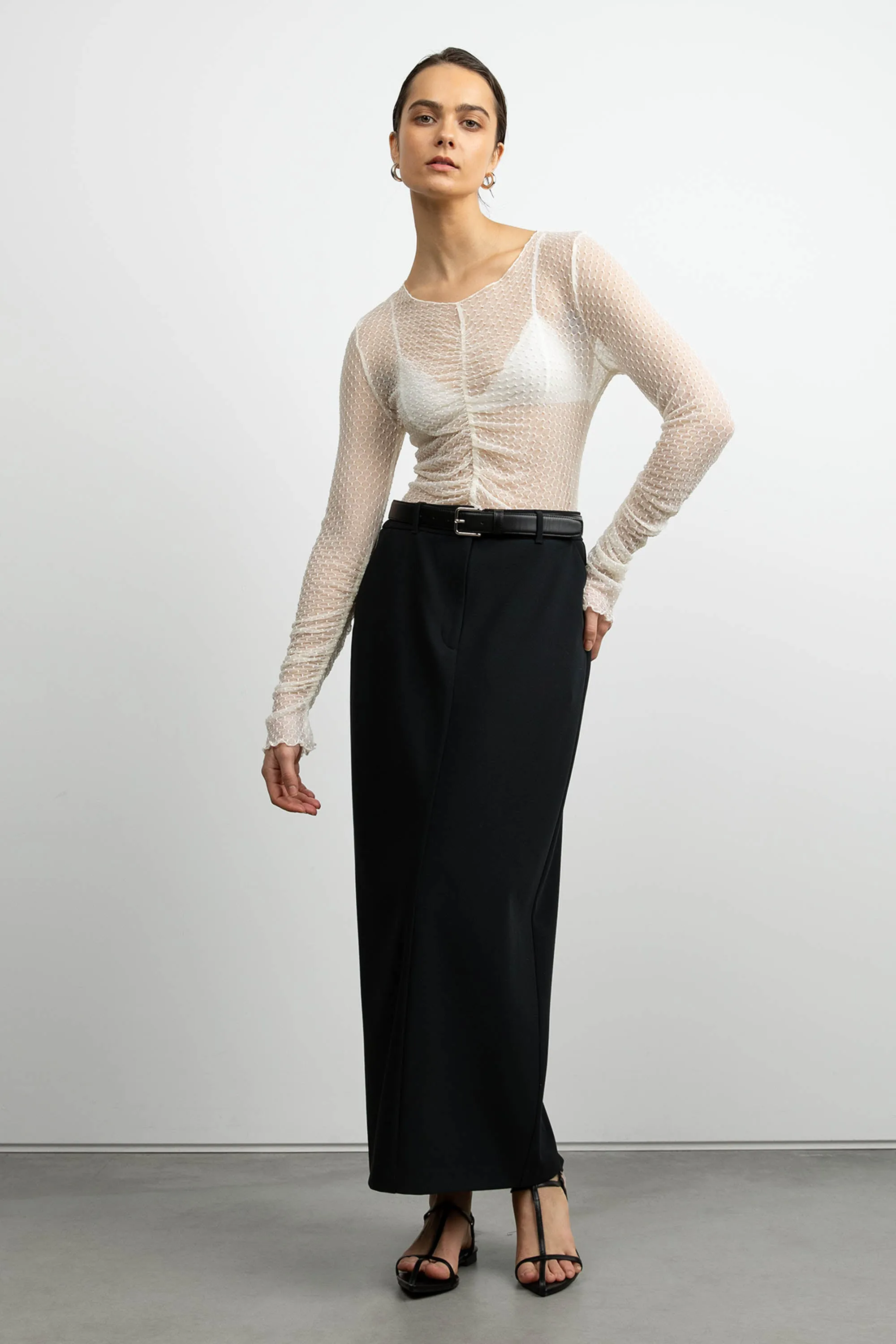 SHEER MESH RUCHED LONG SLEEVE TOP sold by OAK AND FORT product image thumbnail 2