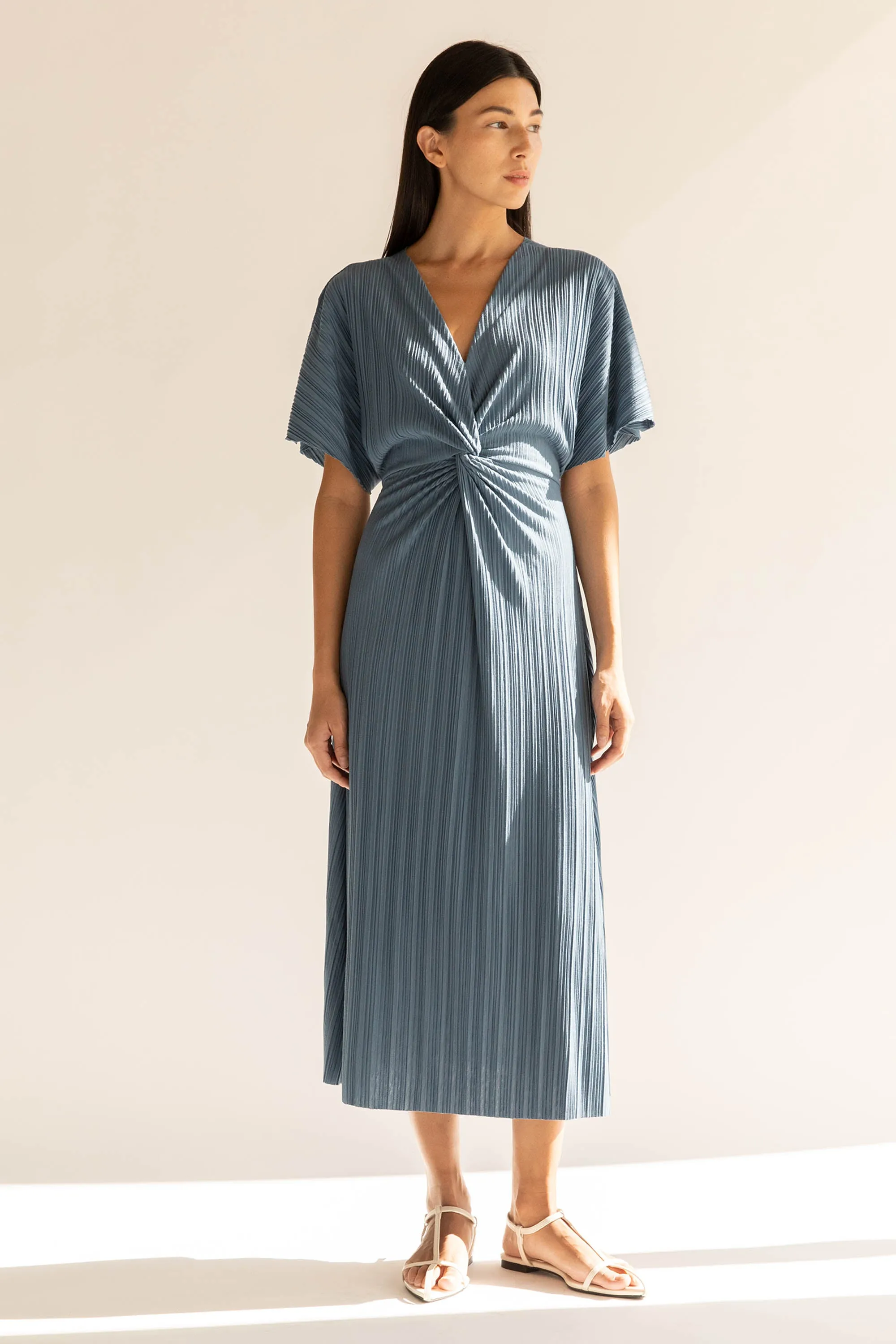 FRONT KNOT PLEATED MIDI DRESS sold by OAK AND FORT