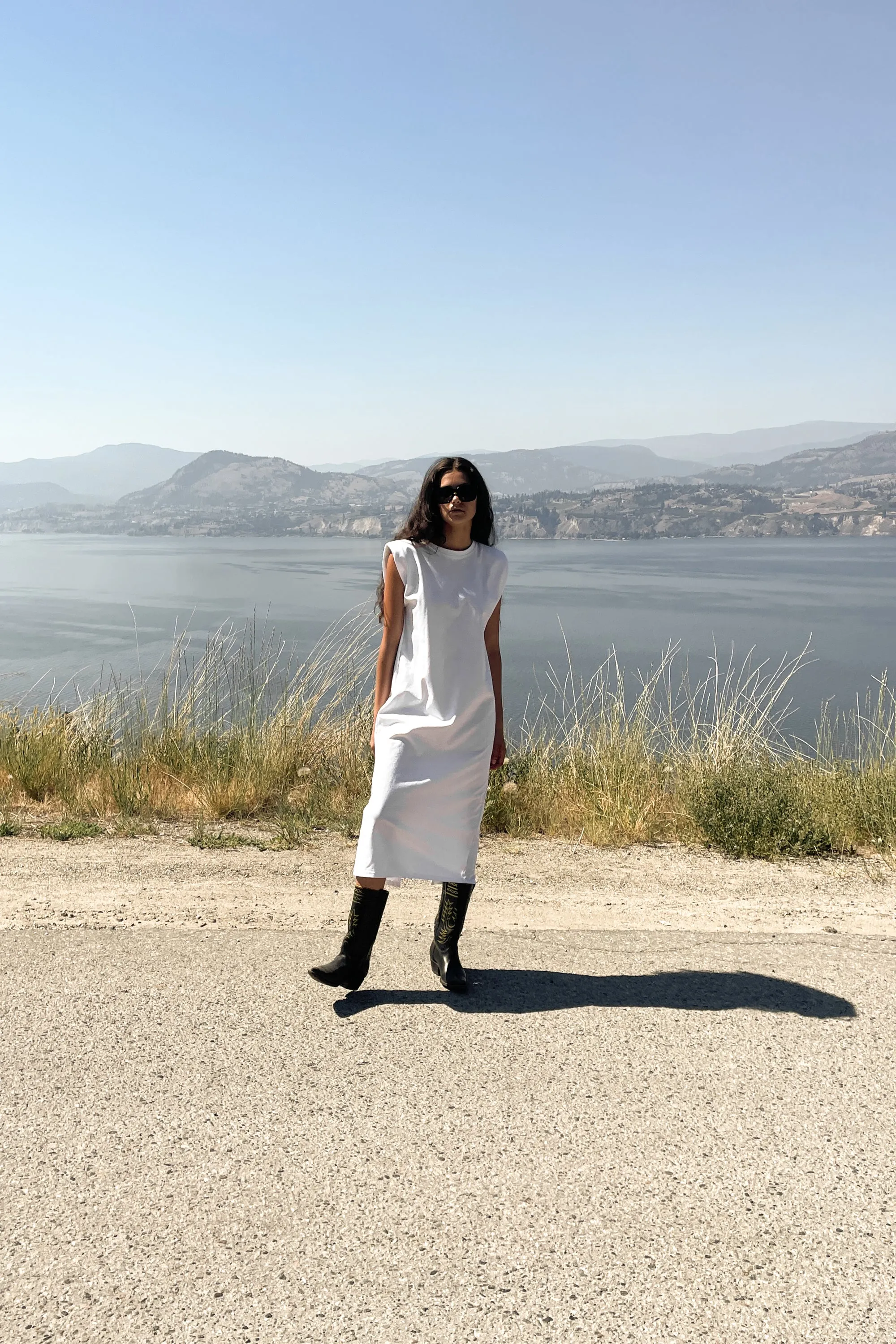 PADDED SHOULDER MIDI DRESS sold by OAK AND FORT