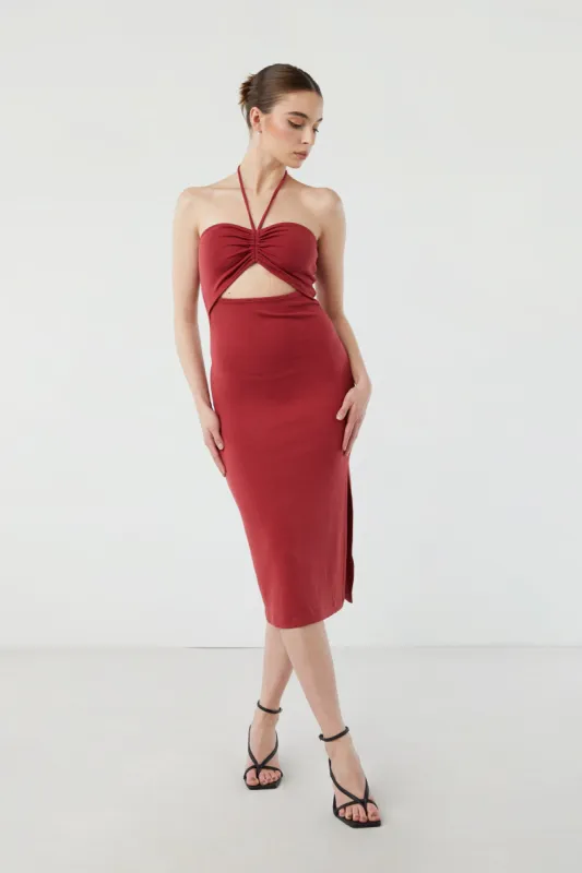 CUTOUT MIDI DRESS WITH HALTER TIES sold by OAK AND FORT