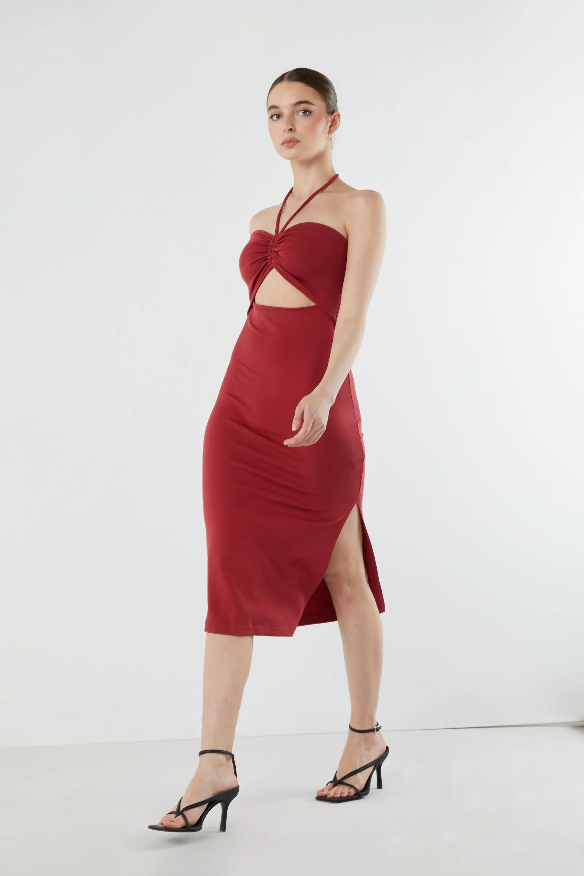 CUTOUT MIDI DRESS WITH HALTER TIES sold by OAK AND FORT product image thumbnail 3