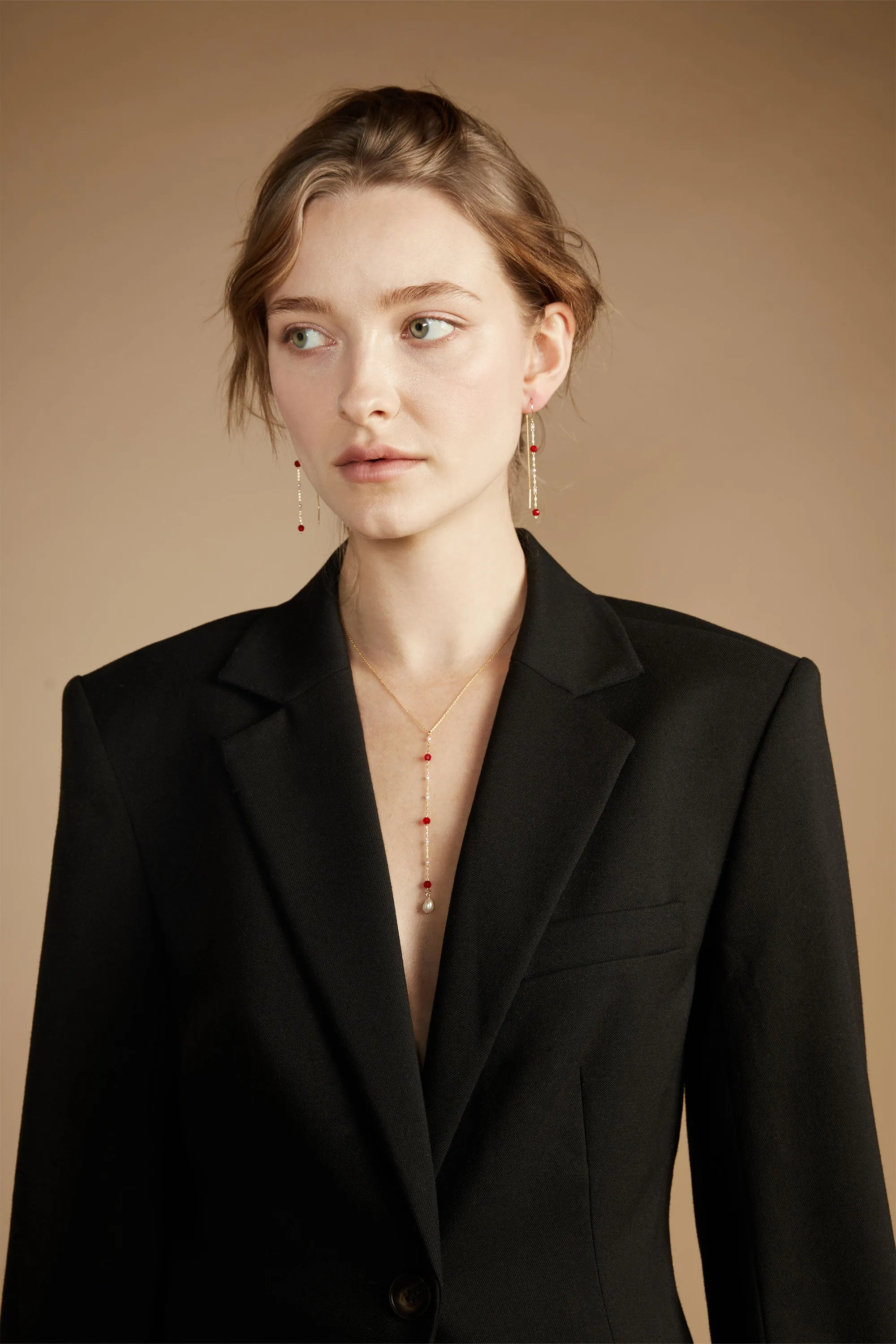 THREADER EARRING WITH RED STONES sold by OAK AND FORT