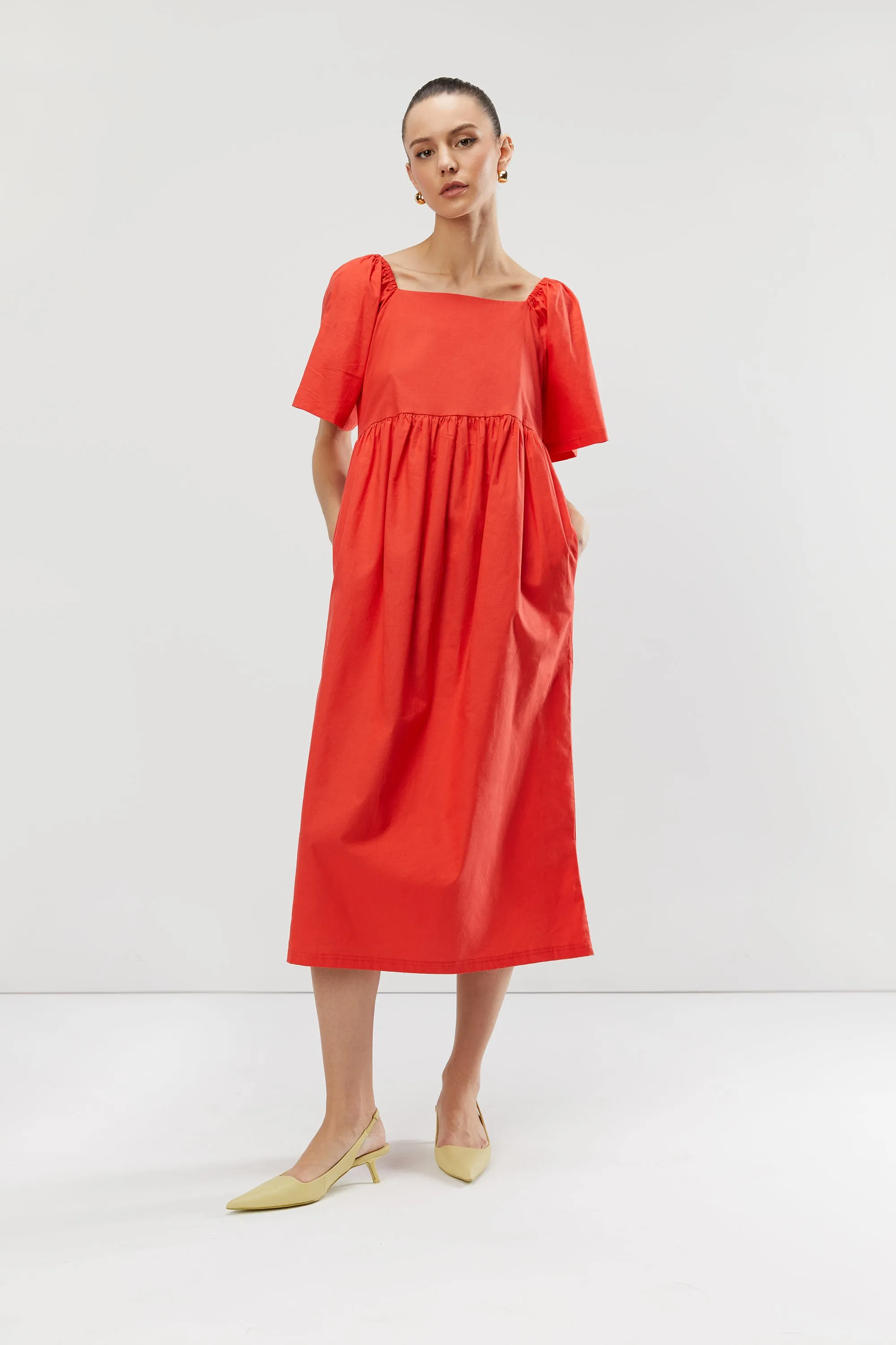SQUARE NECK PUFF MIDI DRESS sold by OAK AND FORT