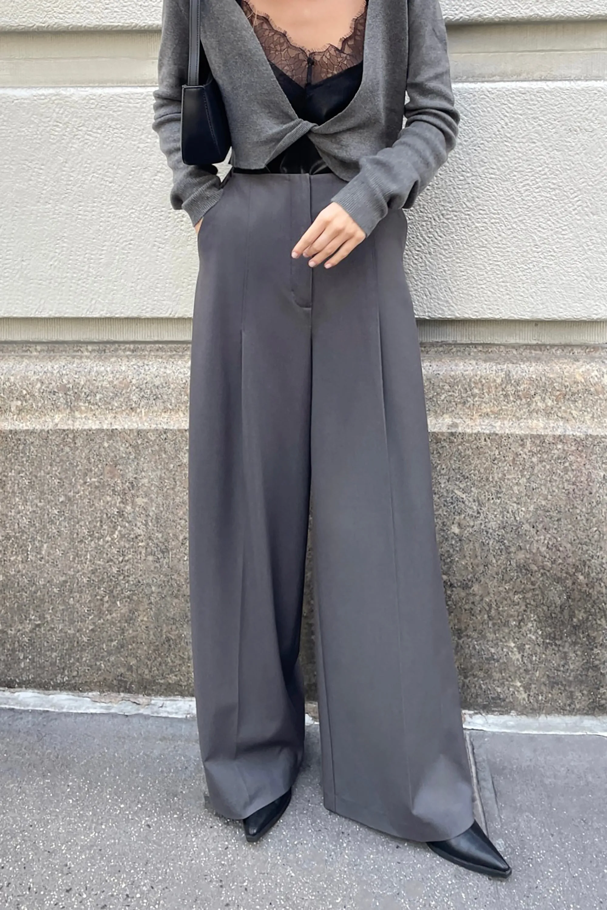 SUPER HIGH-RISE WIDE LEG SUITING PANT sold by OAK AND FORT
