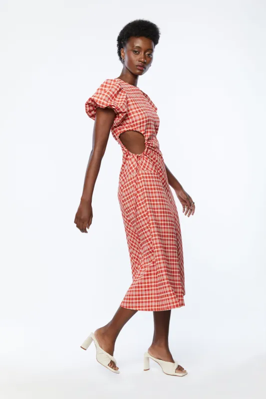 PLAID PUFF SLEEVE DRESS WITH CUTOUTS sold by OAK AND FORT