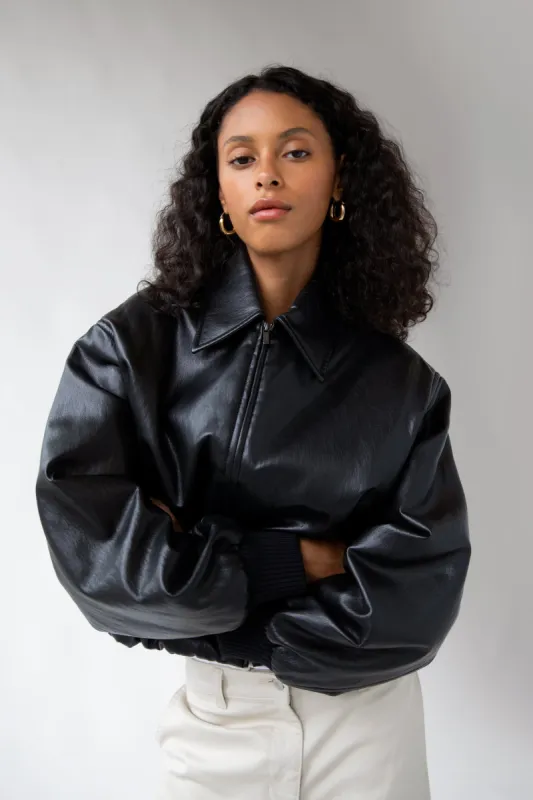 VEGAN LEATHER BUBBLE HEM BOMBER JACKET sold by OAK AND FORT