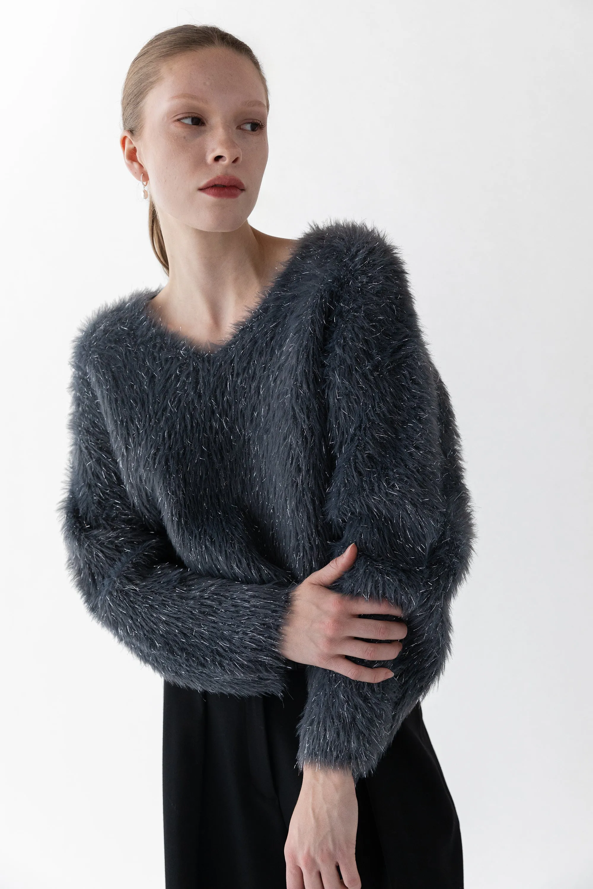 FUZZY METALLIC TINSEL SWEATER sold by OAK AND FORT