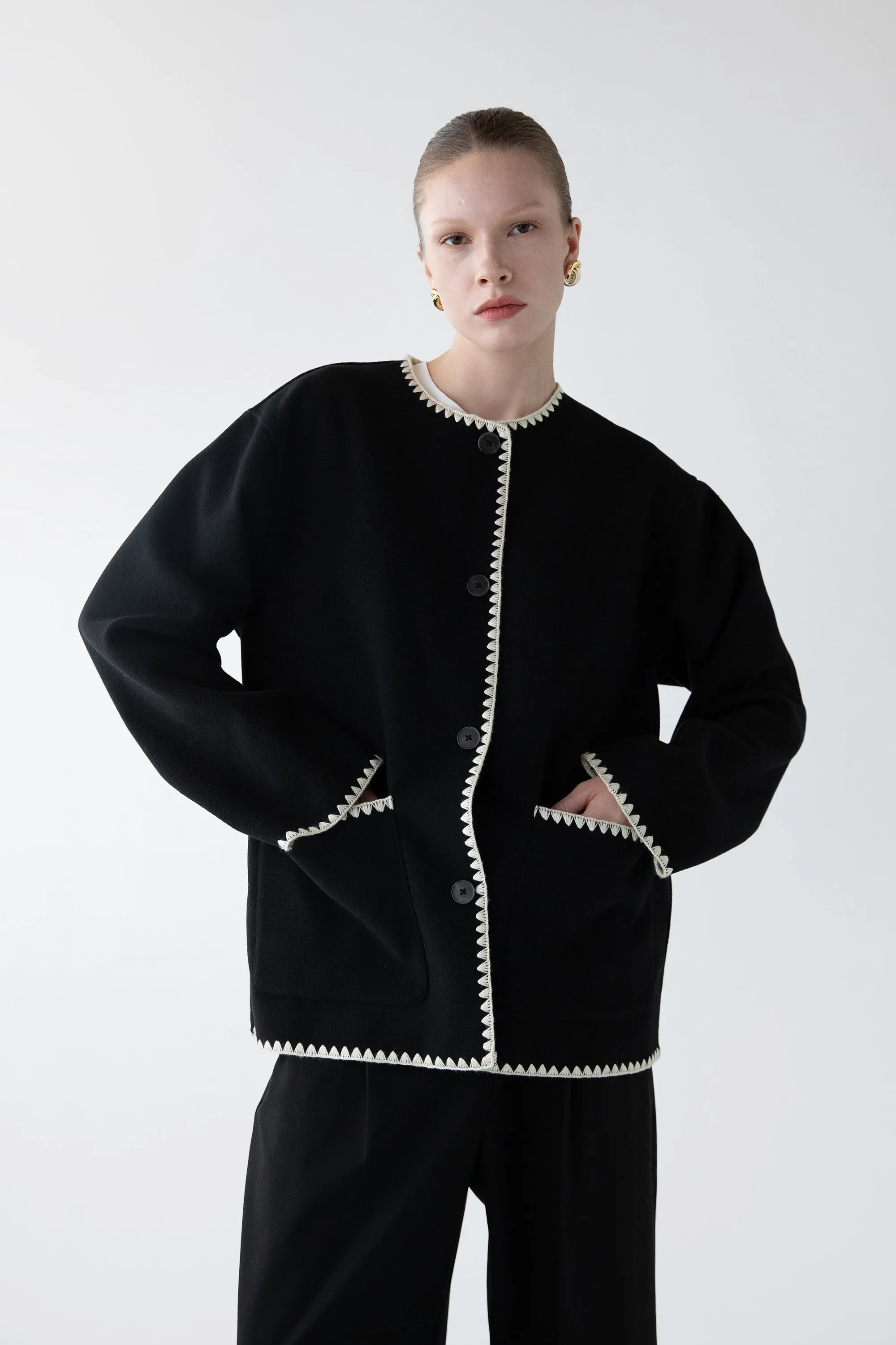 WOOL-BLEND CONTRAST STITCH SCARF JACKET sold by OAK AND FORT product image thumbnail 3