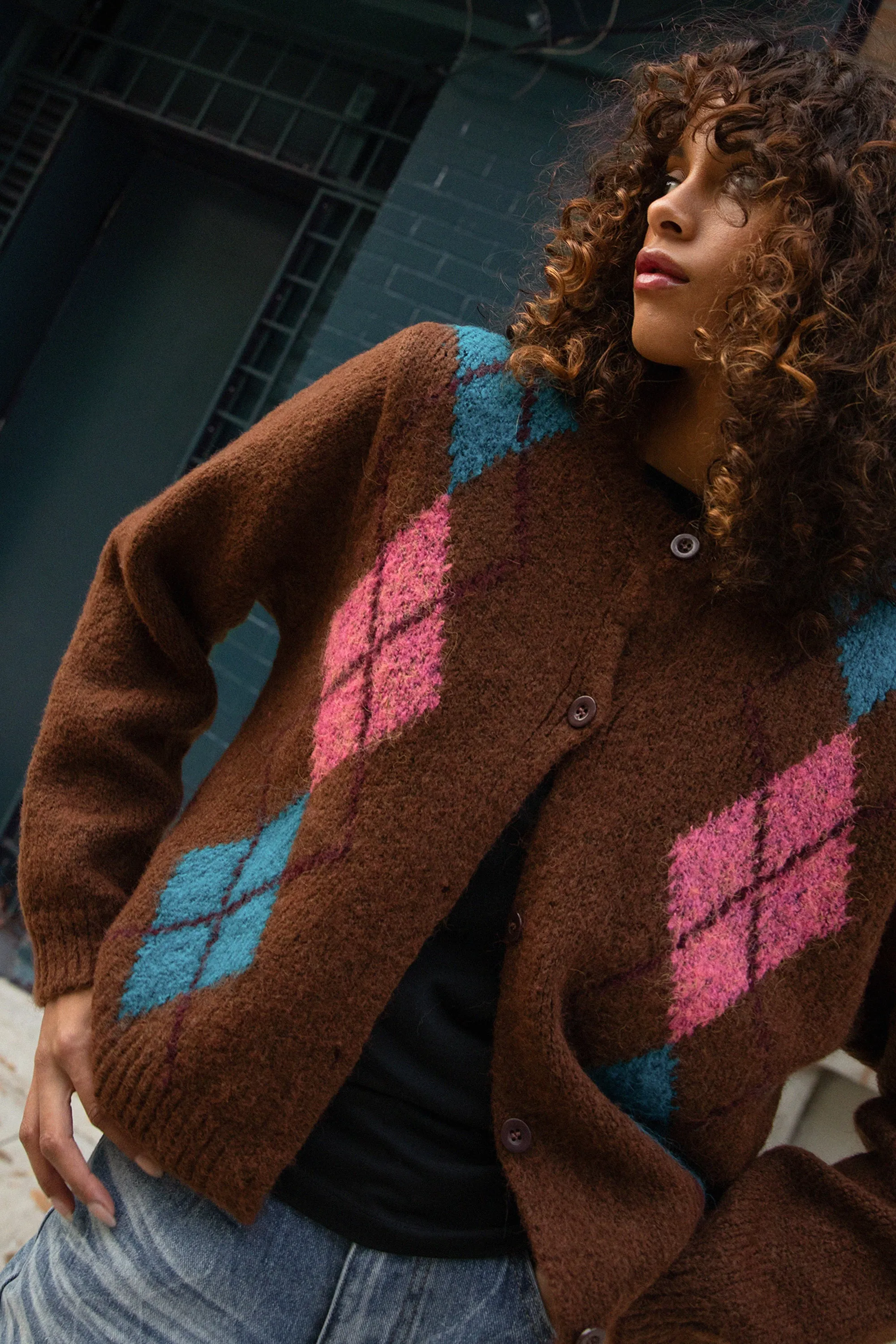 WOOL-BLEND ARGYLE PATTERN CARDIGAN sold by OAK AND FORT