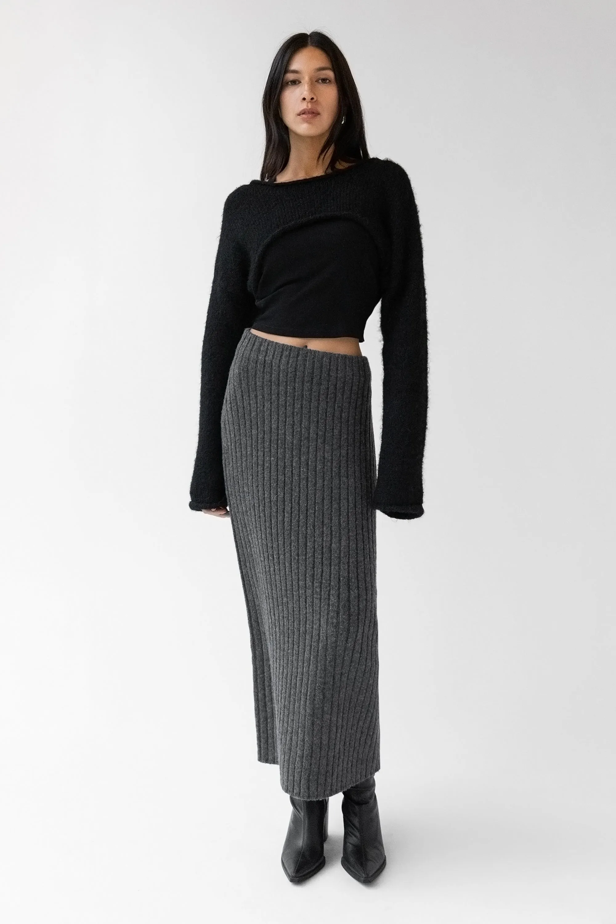 HIGH-RISE RIBBED KNIT MIDI SKIRT sold by OAK AND FORT