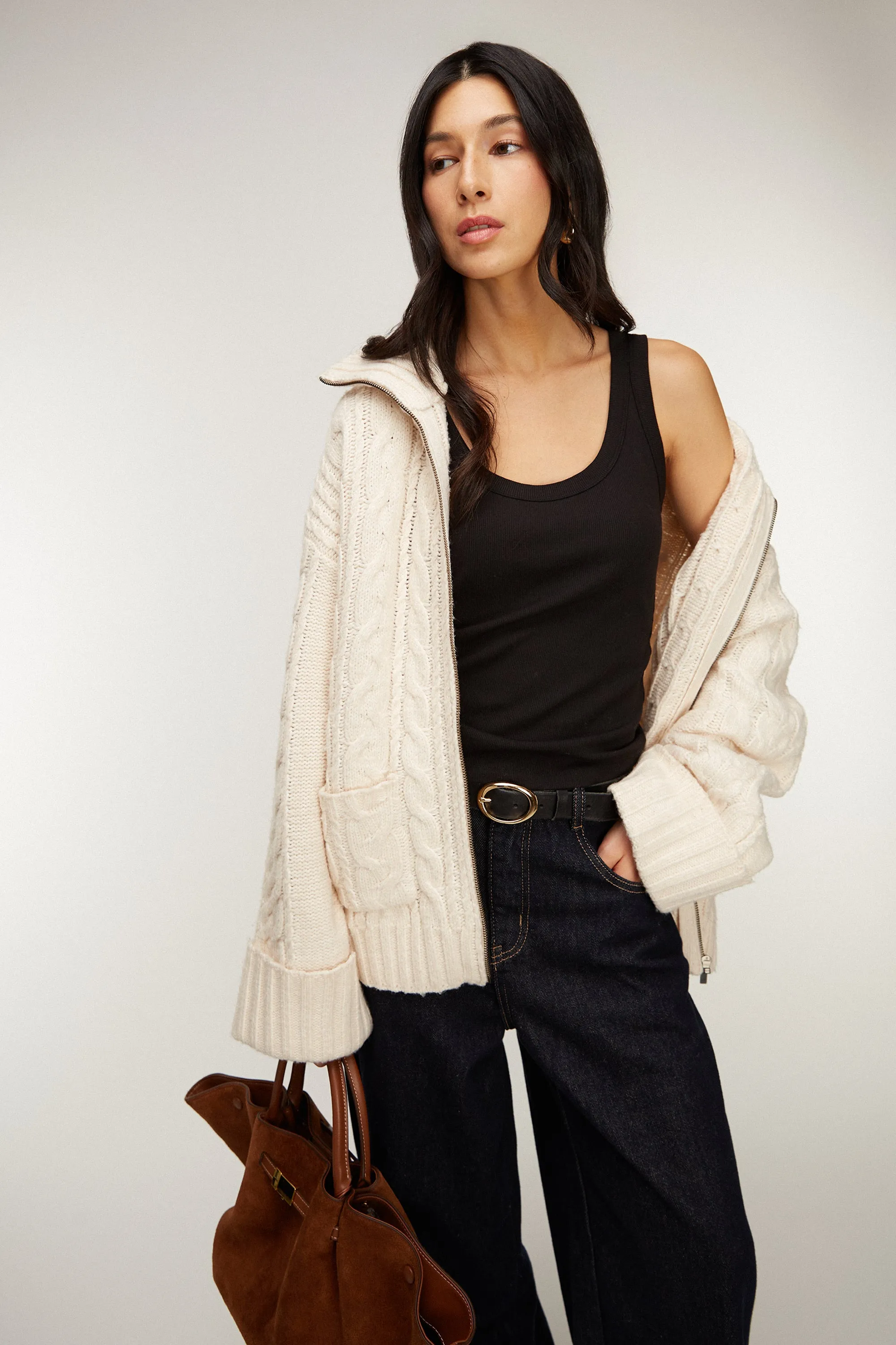 HIGH-NECKLINE CABLE KNIT ZIP-UP CARDIGAN sold by OAK AND FORT product image thumbnail 4