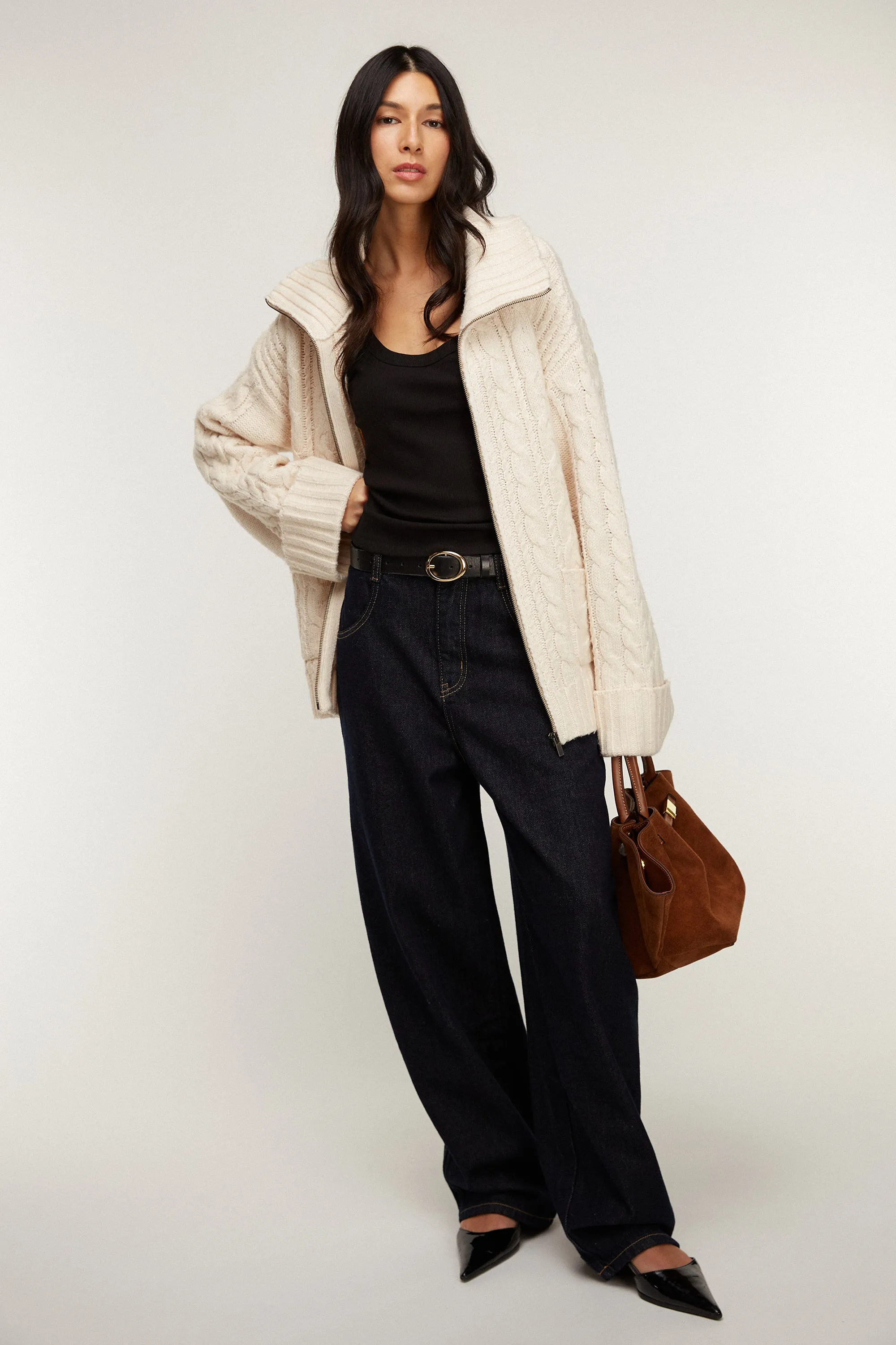 HIGH-NECKLINE CABLE KNIT ZIP-UP CARDIGAN sold by OAK AND FORT product image thumbnail 3