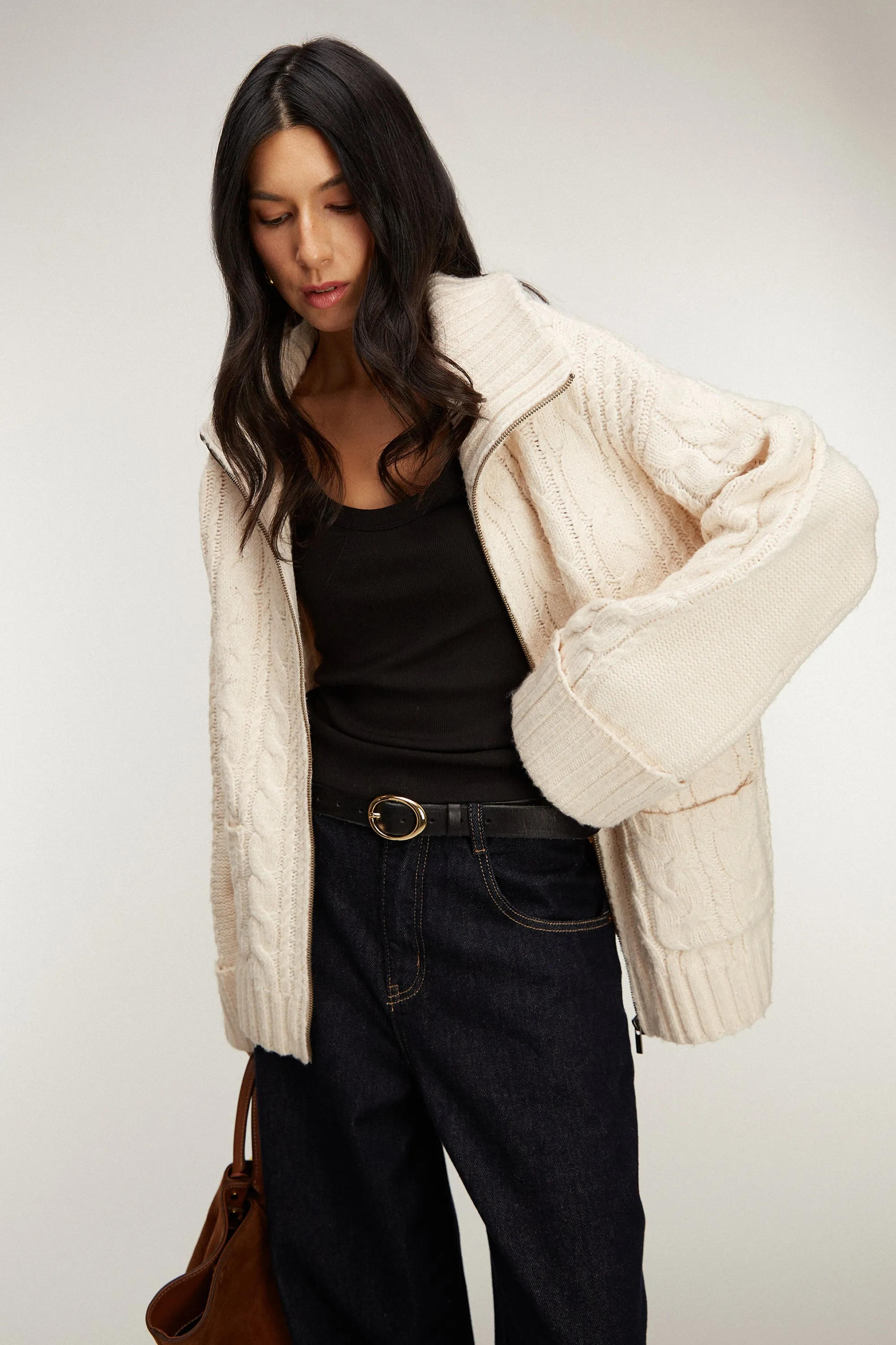 HIGH-NECKLINE CABLE KNIT ZIP-UP CARDIGAN sold by OAK AND FORT product image thumbnail 2