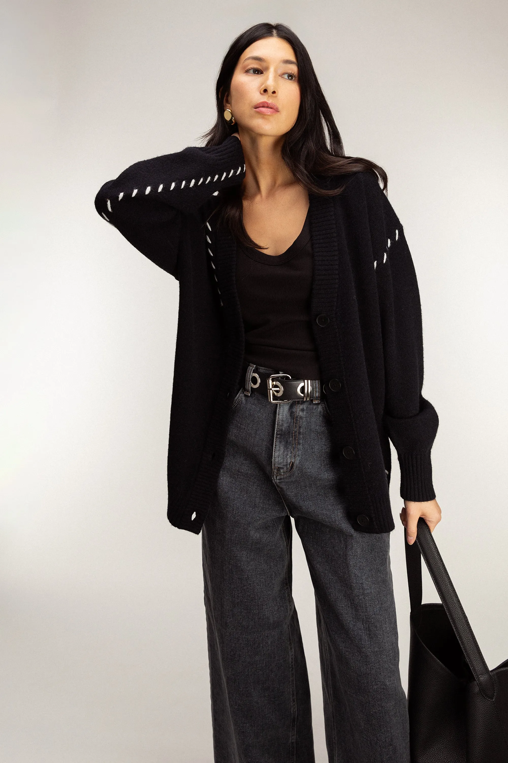 CONTRAST STITCH DETAIL BUTTON FRONT CARDIGAN sold by OAK AND FORT product image thumbnail 2