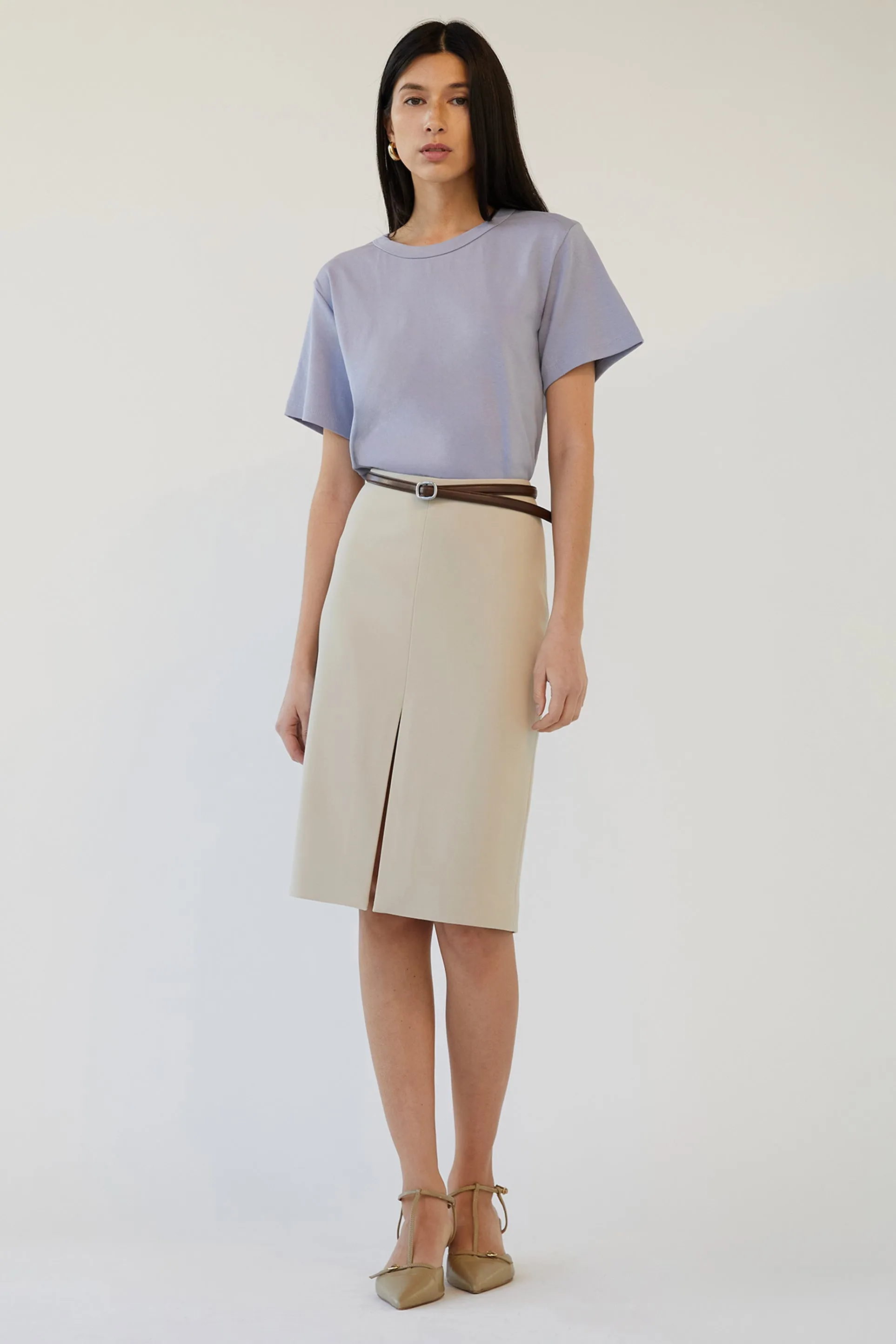 MIDI SUITING SKIRT WITH FRONT SLIT sold by OAK AND FORT