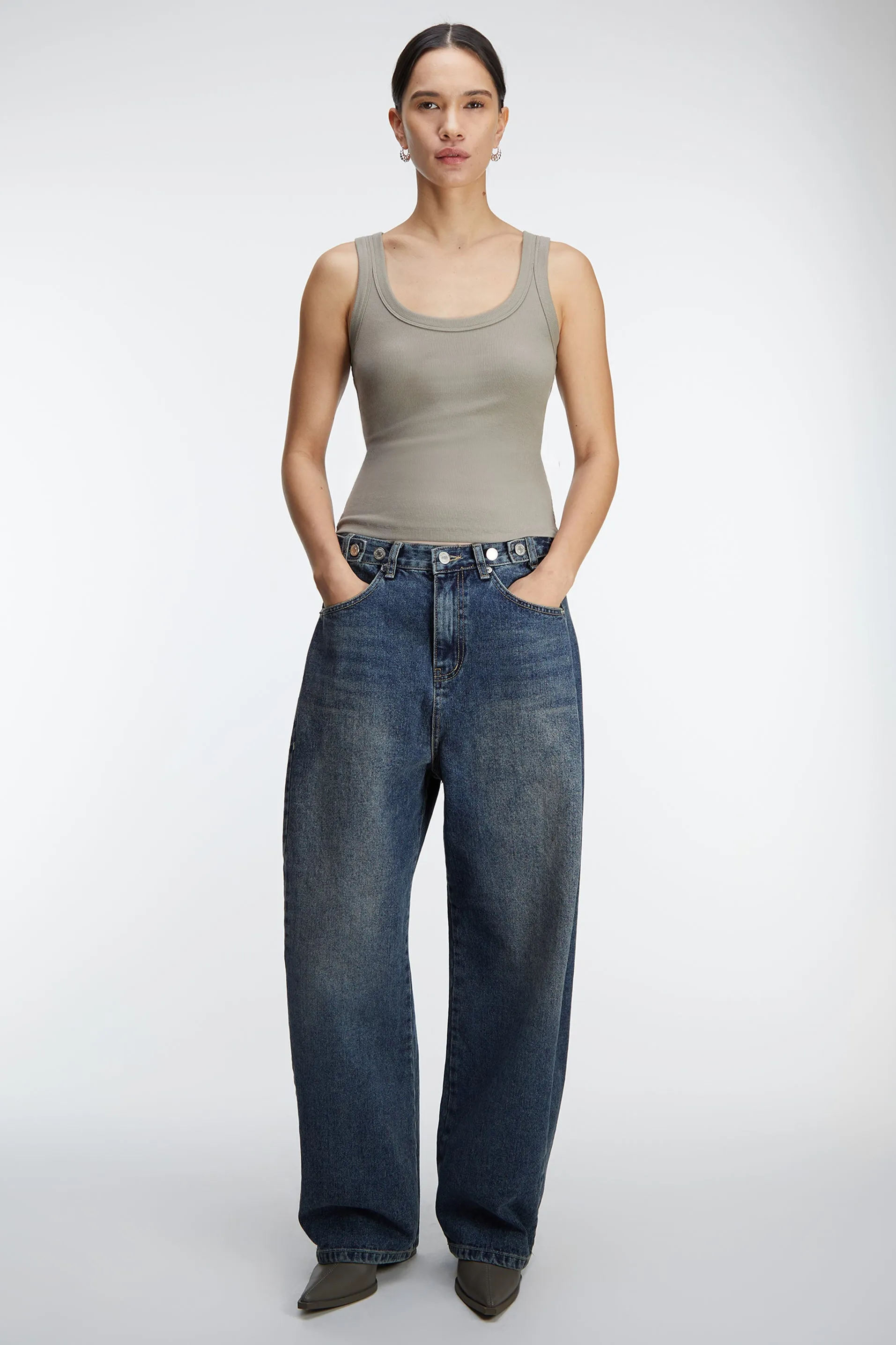 BUTTONED WAIST CURVED LEG JEAN sold by OAK AND FORT