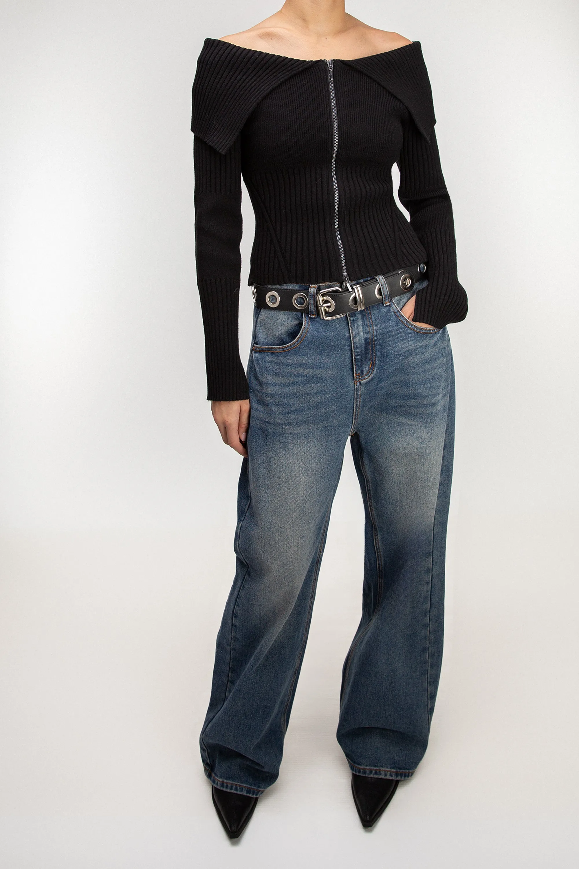 TWO-WAY ZIP FRONT OFF SHOULDER SWEATER sold by OAK AND FORT product image thumbnail 2