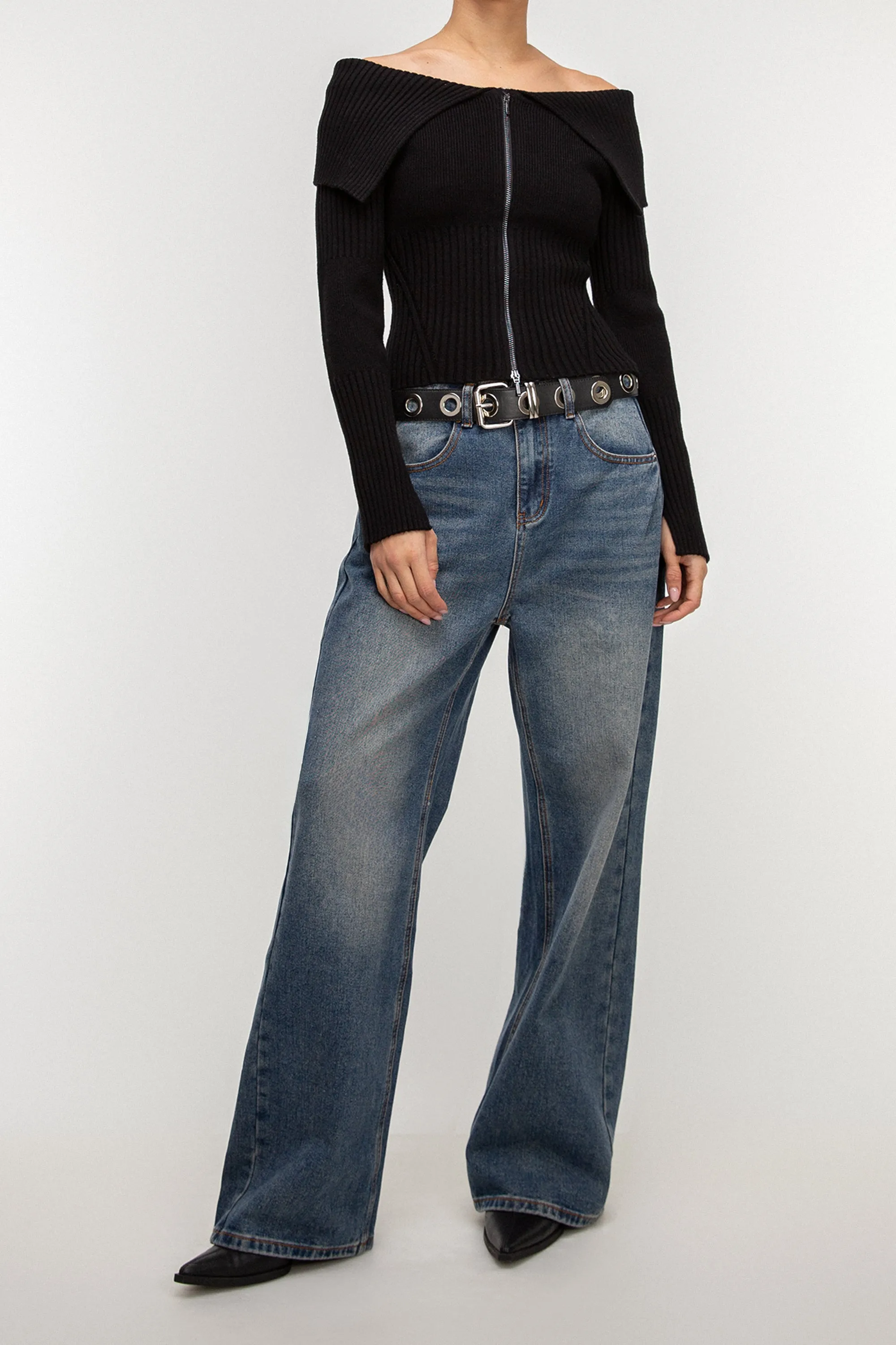 TWO-WAY ZIP FRONT OFF SHOULDER SWEATER sold by OAK AND FORT