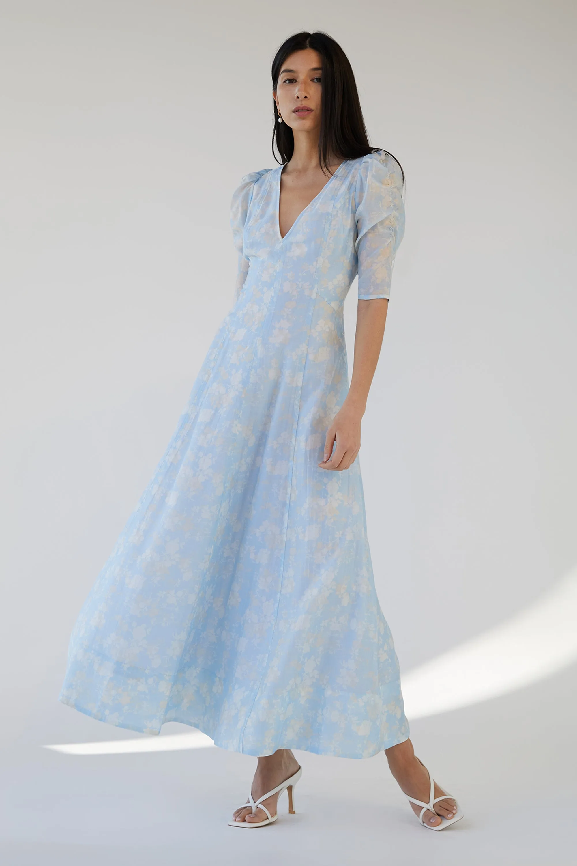V-NECK PUFF SLEEVE FLORAL MAXI DRESS sold by OAK AND FORT