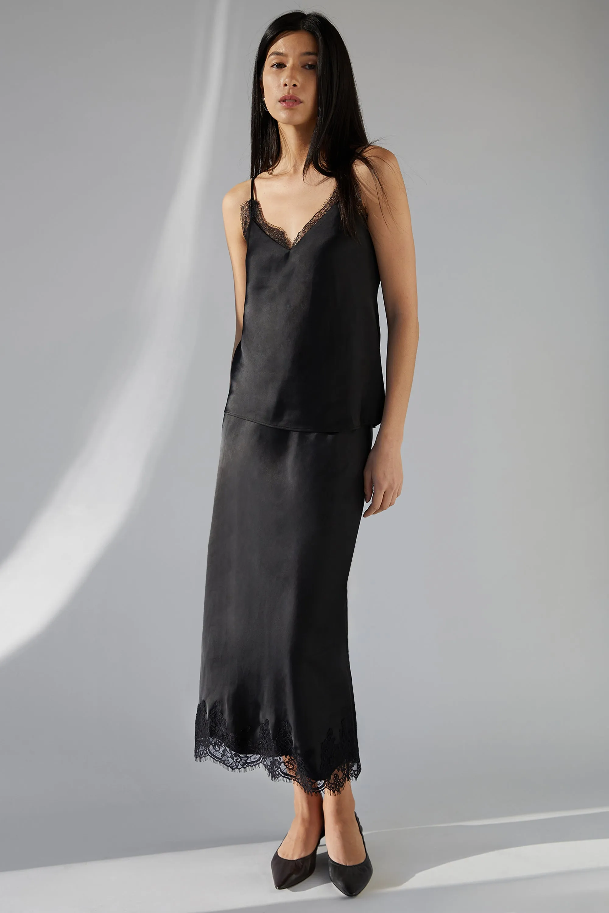 LACE TRIM SATIN MIDI SKIRT sold by OAK AND FORT