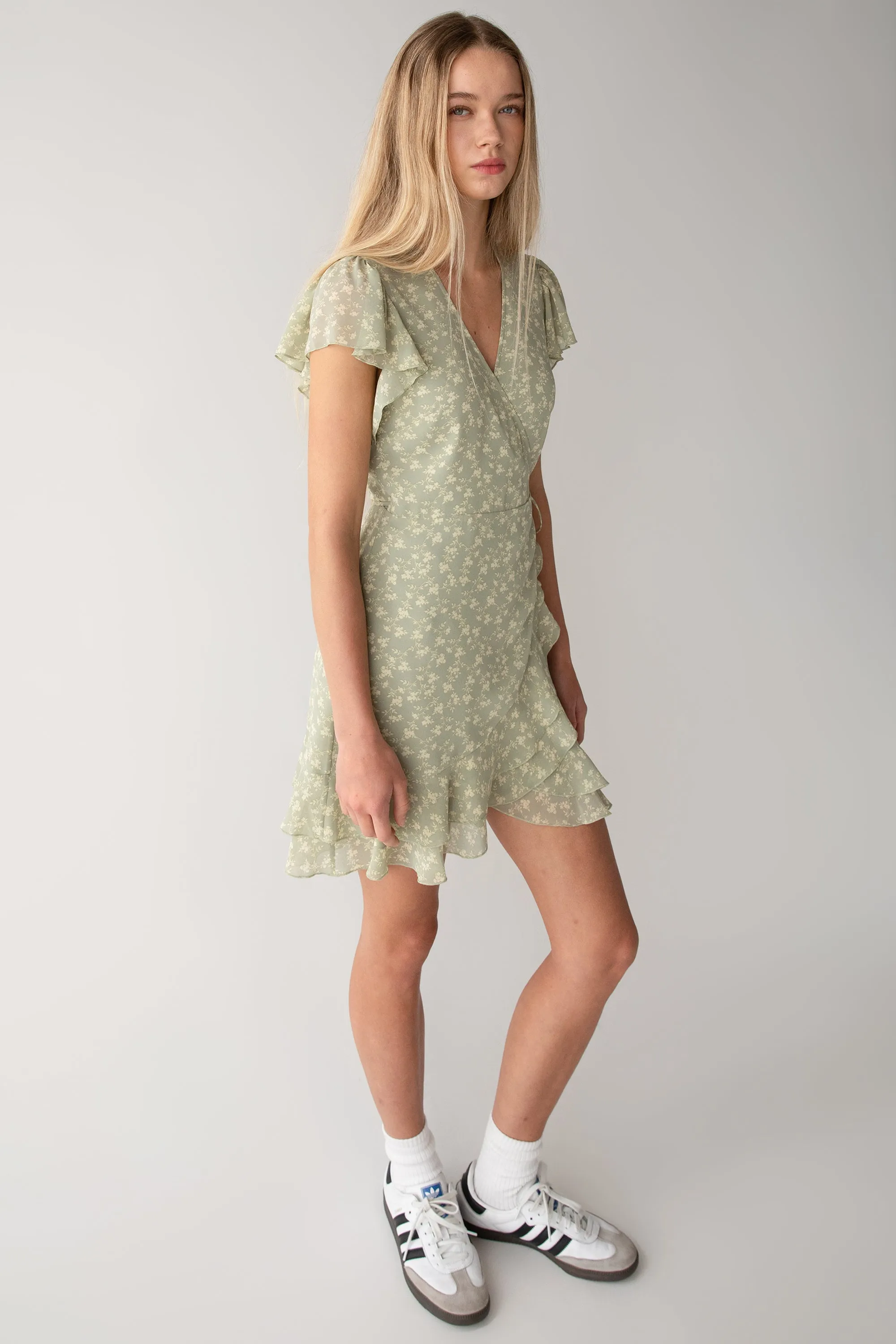 FLORAL WRAP MINI DRESS WITH RUFFLED HEM sold by OAK AND FORT product image thumbnail 2
