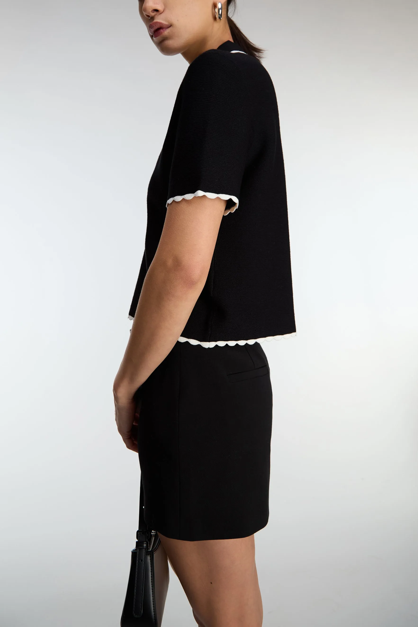 CROPPED COLLARED V-NECK SHORT SLEEVE SWEATER sold by OAK AND FORT product image thumbnail 3