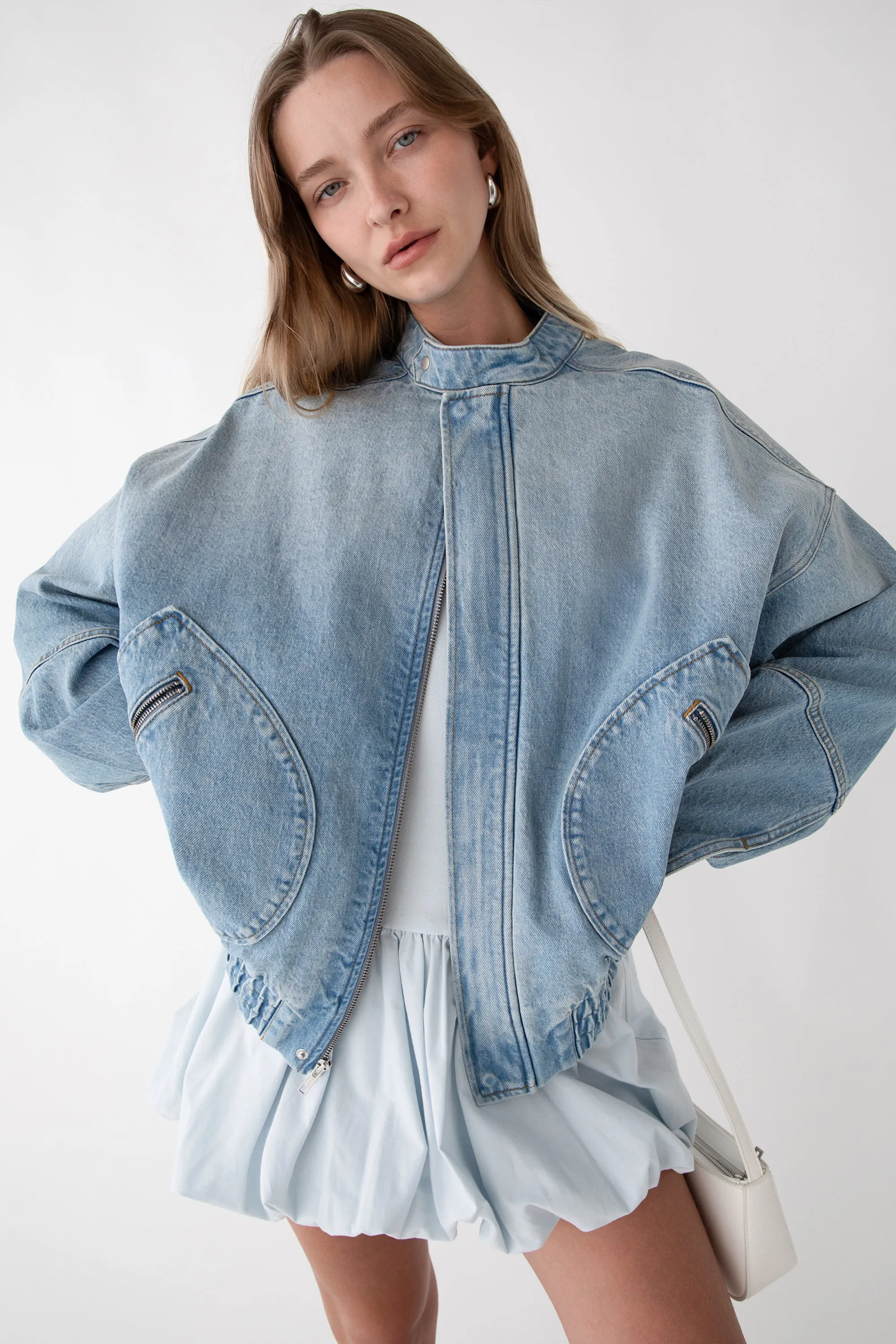 DENIM MOTO BOMBER JACKET sold by OAK AND FORT