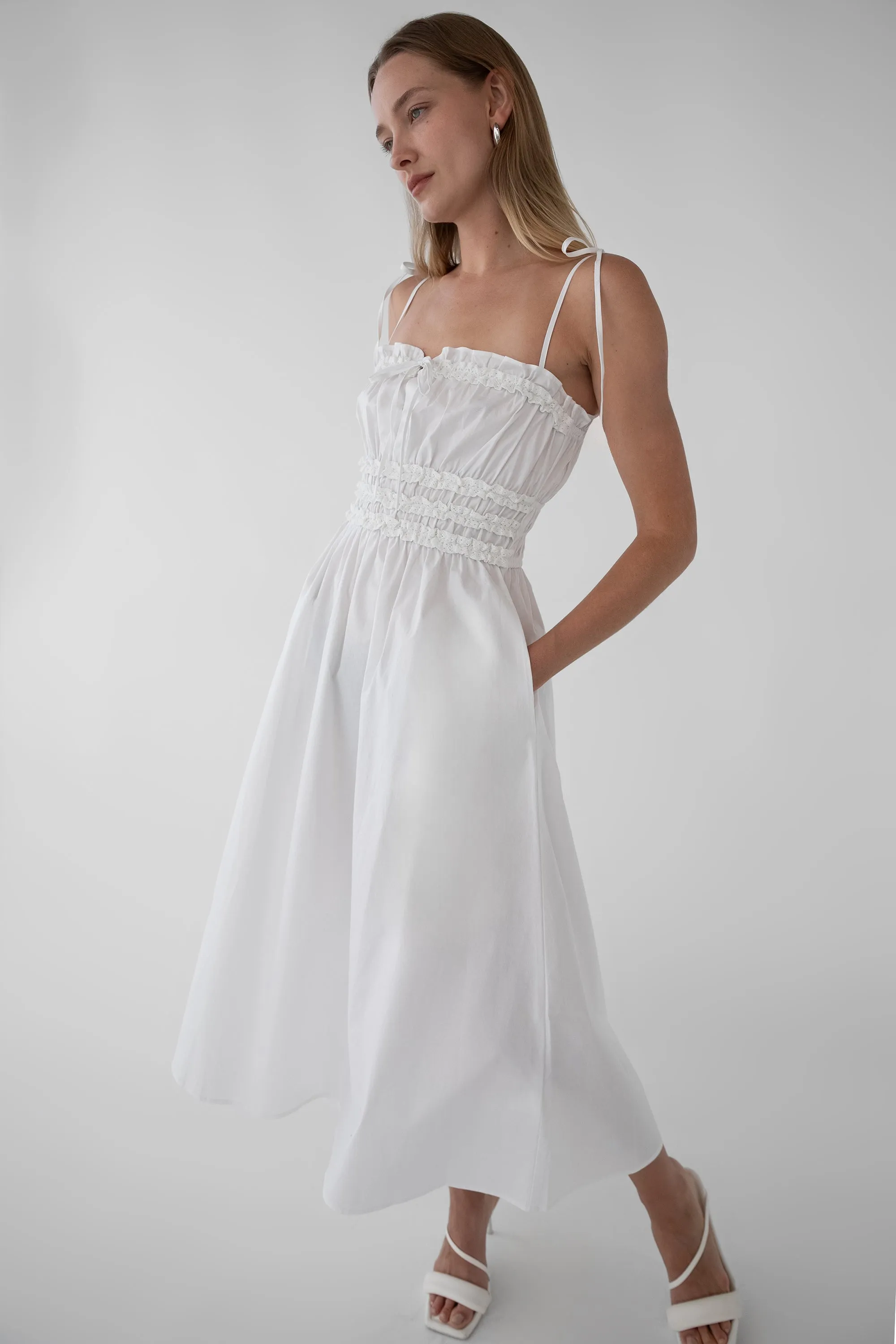 SHIRRED BODICE MIDI DRESS sold by OAK AND FORT