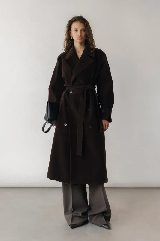 LONG PANELED VEGAN SUEDE TRENCH COAT sold by OAK AND FORT