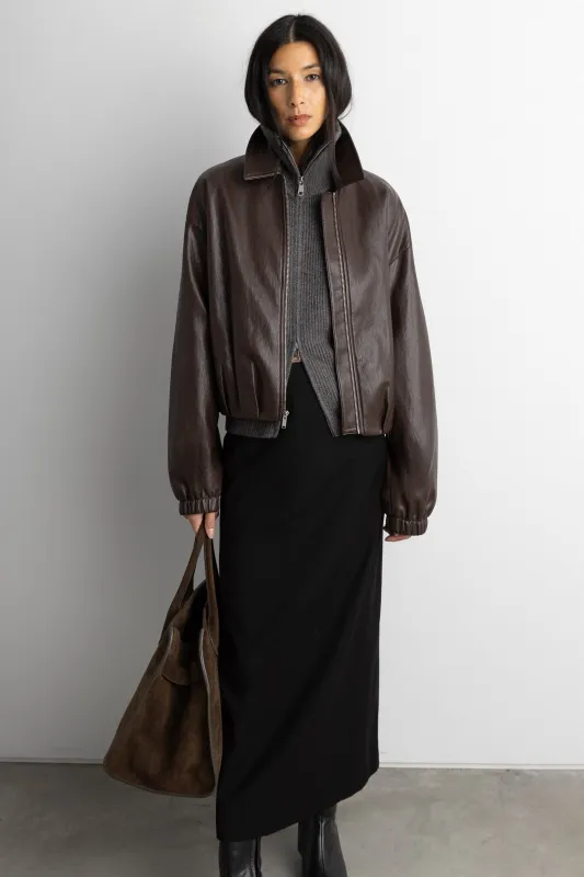 PUFFED VEGAN LEATHER BOMBER JACKET WITH PLEATS sold by OAK AND FORT