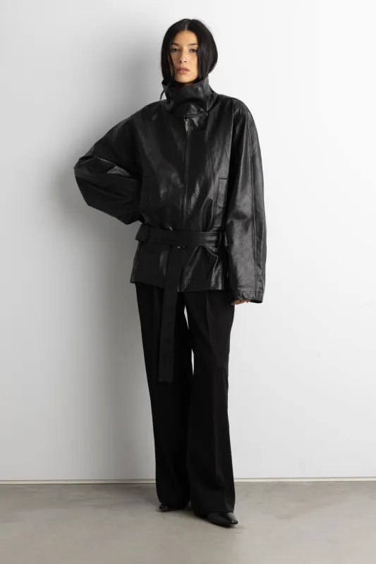 VEGAN LEATHER FUNNEL NECK JACKET WITH BELT sold by OAK AND FORT