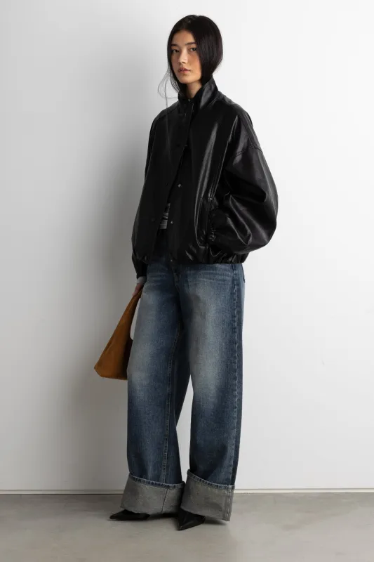 VEGAN LEATHER FUNNEL NECK BOMBER JACKET sold by OAK AND FORT